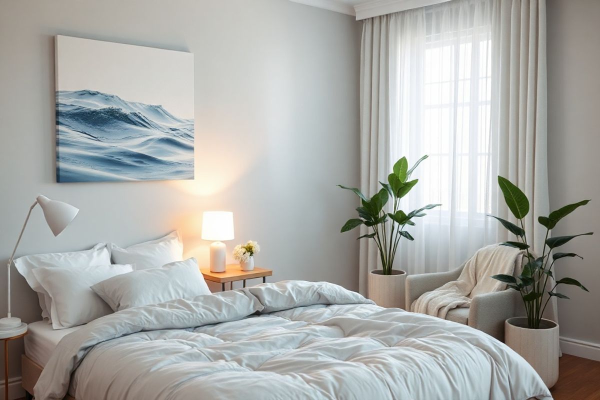 A serene and calming scene depicting a tranquil bedroom environment designed for relaxation and improved sleep quality. The room features soft, muted colors such as pale blues and gentle greens, creating a soothing atmosphere. A plush, inviting bed with fluffy white pillows and a cozy, light gray duvet is the focal point, inviting restfulness. Beside the bed, a stylish bedside table holds a minimalist white lamp casting a warm glow, enhancing the peaceful ambiance.   On the wall, a large canvas painting of abstract waves in soft pastel hues adds a touch of artistry while maintaining the calming theme. A window adorned with sheer white curtains allows gentle natural light to filter in, emphasizing the tranquil setting.   In the corner, a comfortable armchair with a soft throw blanket invites moments of quiet reflection or reading. Lush green potted plants are strategically placed to introduce a touch of nature, promoting a sense of well-being. The overall composition conveys tranquility and comfort, perfectly embodying a space that supports individuals dealing with tinnitus and seeking relaxation and restful sleep.