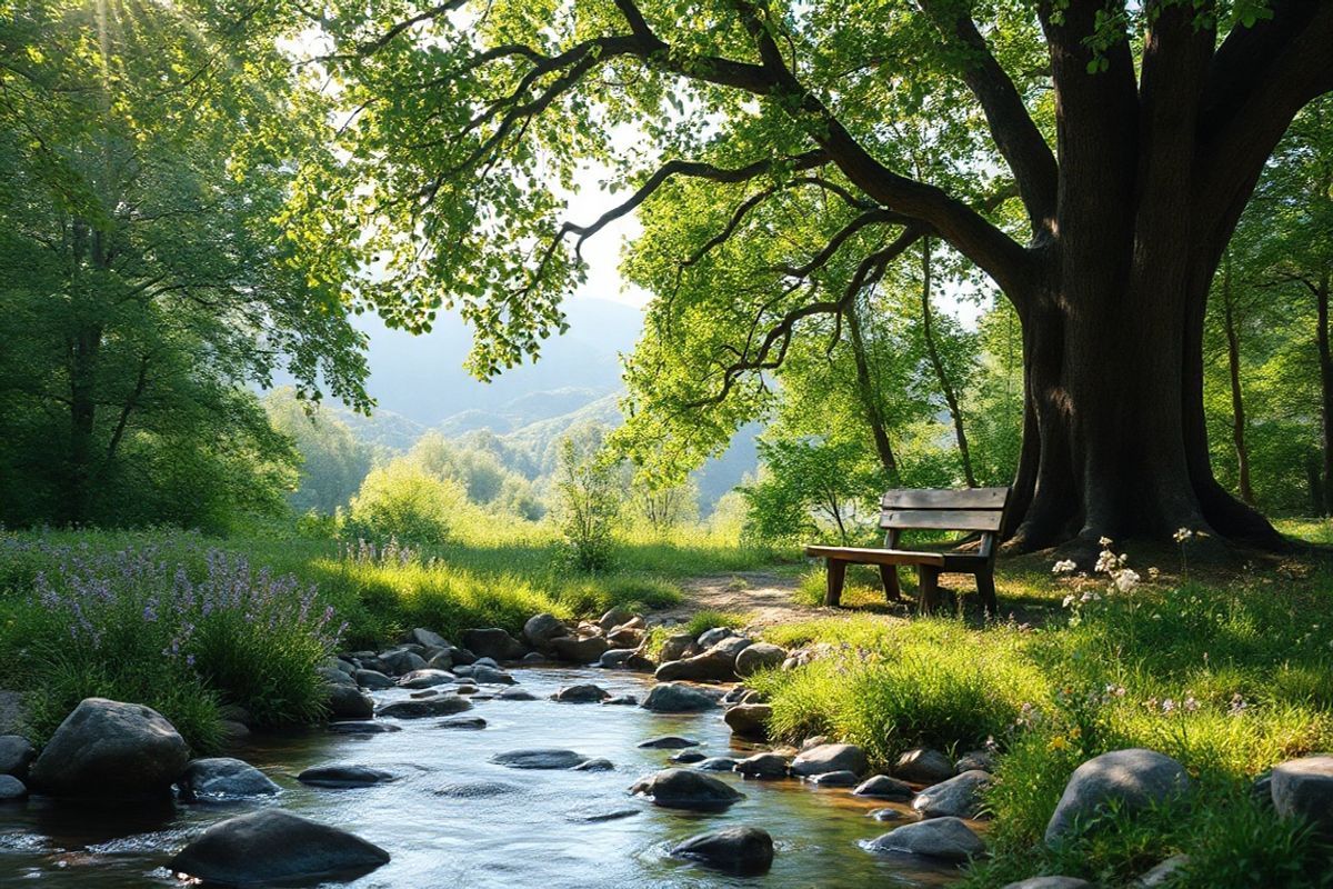 A serene and calming photorealistic image of a tranquil forest setting, where soft sunlight filters through a canopy of lush green leaves, creating a dappled light effect on the forest floor. In the foreground, a gentle stream flows over smooth stones, reflecting the surrounding greenery. Delicate wildflowers in various colors—lavender, yellow, and white—bloom along the banks of the stream, adding bursts of color to the scene. A small wooden bench sits invitingly under a large oak tree, suggesting a perfect spot for contemplation and relaxation. In the background, the faint outline of distant hills can be seen, partially shrouded in mist, enhancing the sense of peace and solitude. The overall atmosphere conveys tranquility and harmony with nature, evoking a sense of relief and escape from daily stresses, ideal for representing the management of conditions like tinnitus. The image captures the essence of a safe haven, encouraging viewers to imagine themselves in this peaceful setting, free from the distractions of modern life.