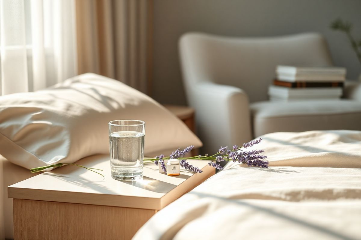 A serene, photorealistic image featuring a tranquil bedside scene that evokes a sense of calm and well-being. The focus is on a neatly arranged nightstand beside a plush bed, adorned with soft, neutral-toned linens. On the nightstand, a glass of water sits next to a small, elegant container of antihistamines, hinting at the theme of managing allergic reactions. A delicate bouquet of fresh lavender flowers adds a splash of color and a soothing aroma, symbolizing relaxation and peace. Gentle morning light filters through sheer curtains, casting soft shadows and creating a warm ambiance. In the background, a subtle hint of a cozy reading nook with a plush armchair and a stack of wellness books can be seen, emphasizing the importance of self-care. The overall composition embodies a sense of comfort and tranquility, inviting the viewer to engage in a moment of reflection and care amidst the challenges of managing health and allergies.