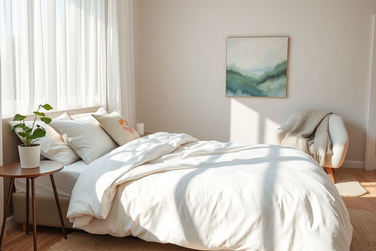 A serene and inviting bedroom setting bathed in soft, natural light filters through sheer curtains, casting gentle shadows on the walls. In the foreground, a neatly made bed with crisp white linens and a plush, oversized blanket in soothing pastel tones creates a sense of comfort. A decorative throw pillow featuring a subtle floral pattern adds a touch of elegance. Beside the bed, a stylish nightstand holds a small potted plant with vibrant green leaves, symbolizing freshness and life. On the wall, a beautiful abstract painting featuring calming colors like soft blues and greens evokes tranquility. The overall ambiance is enhanced by a cozy armchair in a corner, draped with a knitted blanket, inviting relaxation. The flooring is light hardwood, complementing the natural theme, while a plush area rug in neutral tones adds warmth. This peaceful scene embodies a harmonious balance between comfort and style, making it an ideal backdrop for discussions about health, wellness, and the importance of restful environments in managing conditions like allergies and sleep disorders.