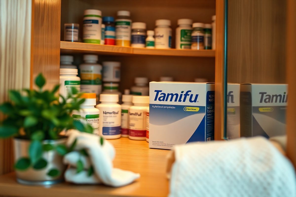 A photorealistic image depicting a serene and inviting medicine cabinet filled with various pharmaceutical bottles, prominently featuring Tamiflu. The cabinet is made of polished wood, with soft, warm lighting illuminating the interior. Neatly arranged, the Tamiflu box stands out against a backdrop of other medications, such as pain relievers and allergy medications. Surrounding the cabinet are elements of comfort, like a small plant for a touch of nature, and a cozy towel draped over a nearby shelf. The focus is on the Tamiflu packaging, which is sleek and modern, conveying a sense of careful consideration for health. A gentle reflection of the cabinet can be seen in a nearby mirror, enhancing the atmosphere of calm and safety. The overall color palette is soothing, with soft whites, greens, and wooden browns, inviting viewers to feel at ease and informed about their health choices. The image captures the essence of being prepared and aware of medication’s role in managing flu symptoms, promoting a sense of responsibility and care in health management.