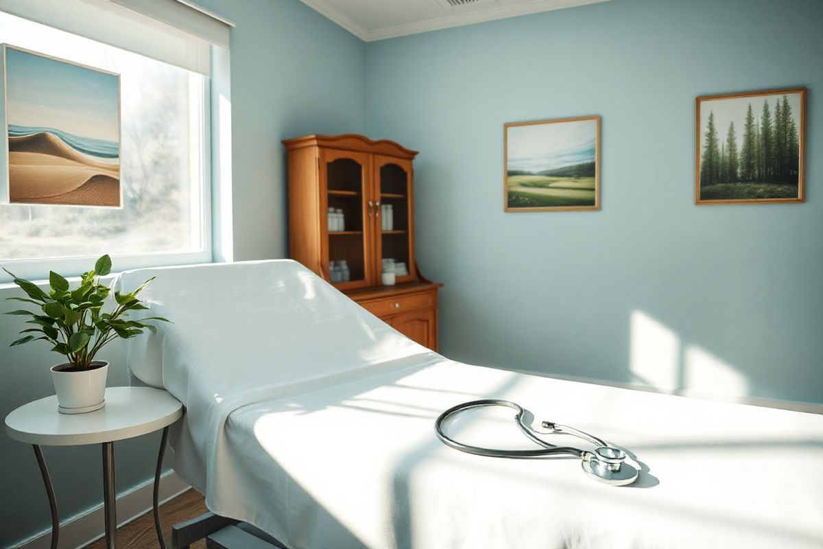 A serene, photorealistic image of a tranquil healthcare setting, featuring a well-lit examination room. The room is adorned with calming colors, such as soft blues and greens, which promote a sense of peace and comfort. A comfortable examination table draped in crisp white linen is positioned against a window that allows natural light to stream in, illuminating the space. On the walls, there are tasteful nature-themed artworks depicting soothing landscapes, such as gentle waves lapping against a sandy shore or a peaceful forest scene. A small potted plant sits on a side table, adding a touch of greenery and life to the room. In the background, a vintage wooden cabinet holds medical supplies neatly arranged, suggesting organization and care. A stethoscope rests on the table, symbolizing the connection between healthcare professionals and patients. This image conveys a sense of safety and support, embodying the themes of communication, management of health, and the importance of a reassuring environment for patients experiencing side effects from medications like Tavneos.