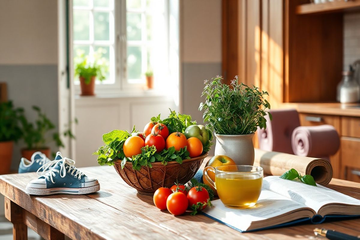 A serene kitchen scene bathed in natural light, showcasing a rustic wooden table adorned with a vibrant assortment of fresh fruits and vegetables. A bowl filled with ripe oranges, leafy greens, and plump tomatoes takes center stage, highlighting the importance of a healthy diet. In the background, a potted herb garden with basil and rosemary adds a touch of greenery, symbolizing freshness and natural ingredients. The kitchen features warm, inviting colors with wooden cabinets and an open window that lets in soft sunlight, casting gentle shadows across the table. A pair of exercise sneakers rests casually near the entrance, suggesting an active lifestyle. Soft yoga mats are neatly rolled up in the corner, hinting at stress management practices. A steaming cup of herbal tea sits beside a cozy cookbook, open to a healthy recipe, emphasizing the connection between nutrition and well-being. This image evokes a sense of tranquility and balance, embodying the essence of lifestyle adjustments that contribute to minimizing health-related side effects.