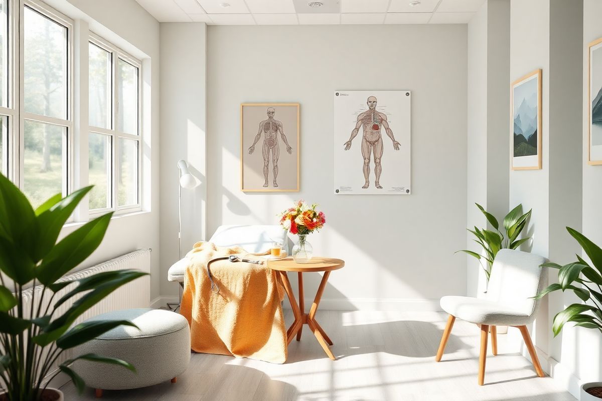 A serene and inviting healthcare setting, featuring a cozy examination room filled with soft, natural light streaming through large windows. The walls are painted in calming pastel hues, adorned with soothing artwork depicting tranquil landscapes. In the center, a comfortable examination table is draped with a warm, inviting blanket. Nearby, a small wooden table holds a vase of fresh flowers, adding a touch of color and life to the space. On the wall, a modern anatomical chart subtly illustrates the human body, emphasizing the importance of health awareness. A stethoscope rests on the table, symbolizing care and attention, while a cushioned chair invites patients and caregivers to sit and discuss health concerns. The overall ambiance exudes a sense of safety and nurturing, encouraging open communication and comfort within a clinical environment. Soft green plants in the corners bring a touch of nature indoors, enhancing the feeling of tranquility and well-being. This image embodies the essence of patient care, promoting the idea of vigilance and proactive health management in a visually soothing manner.