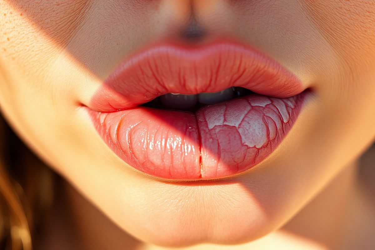 A close-up, photorealistic image of a pair of human lips, prominently featuring the lower lip, is depicted. The lip surface shows a distinctive contrast between healthy and affected areas. One side of the lip is smooth and supple, with a natural rosy hue, while the other side exhibits dry, scaly patches in white and yellow tones, illustrating the symptoms of actinic cheilitis. The textured patches appear slightly cracked and tender, with a subtle sheen indicating moisture. Surrounding the lips, the skin is lightly sun-kissed, showcasing a few freckles and sunspots, emphasizing the impact of UV exposure. The background is softly blurred, emphasizing the lips as the focal point, while warm, natural lighting enhances the details of the lip texture and the surrounding skin. This image conveys a sense of vulnerability and the importance of sun protection, capturing the essence of actinic cheilitis and its potential progression to more serious conditions like squamous cell carcinoma.