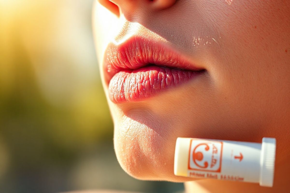 A close-up view of a sun-kissed lower lip, exhibiting the early signs of actinic cheilitis. The lip’s surface is textured, showing dry, scaly patches in shades of pale yellow and white, with subtle hints of redness around the edges. The background is softly blurred, evoking a warm, sunny day, with gentle sunlight casting a golden hue that highlights the lip’s imperfections. The skin appears fair, capturing the vulnerability to UV exposure. In the foreground, a small, delicate tube of high-SPF lip balm rests nearby, symbolizing protection against sun damage. The overall composition conveys a sense of awareness and caution, emphasizing the importance of skincare and sun protection in preventing precancerous conditions. The image captures the intricate details of the lip, showcasing the contrast between healthy and affected skin, while maintaining a realistic and artistic quality that draws the viewer’s attention to the significance of early detection and care.