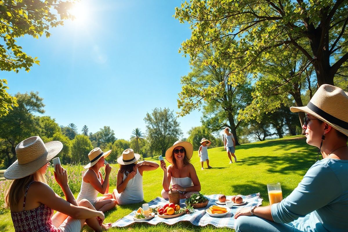 A serene outdoor scene depicting a sun-drenched landscape showcasing the beauty of nature and the importance of sun protection. In the foreground, a diverse group of individuals of varying ages and skin tones is gathered, all wearing wide-brimmed hats and applying broad-spectrum sunscreen to their arms and faces. The setting features a lush, green park with vibrant flowers and tall trees providing dappled shade. The sun is shining brightly in a clear blue sky, casting gentle shadows on the ground. Nearby, a picnic blanket is spread out with healthy snacks such as fruits and vegetables, emphasizing a lifestyle choice that complements skin health. In the background, a gentle breeze rustles the leaves, and a couple of children play joyfully, wearing long-sleeved shirts and sunglasses. This photorealistic image captures the essence of sun safety, highlighting the importance of protecting skin from harmful UV rays while enjoying the outdoors, making it an ideal visual accompaniment to discussions on skin cancer prevention and awareness.