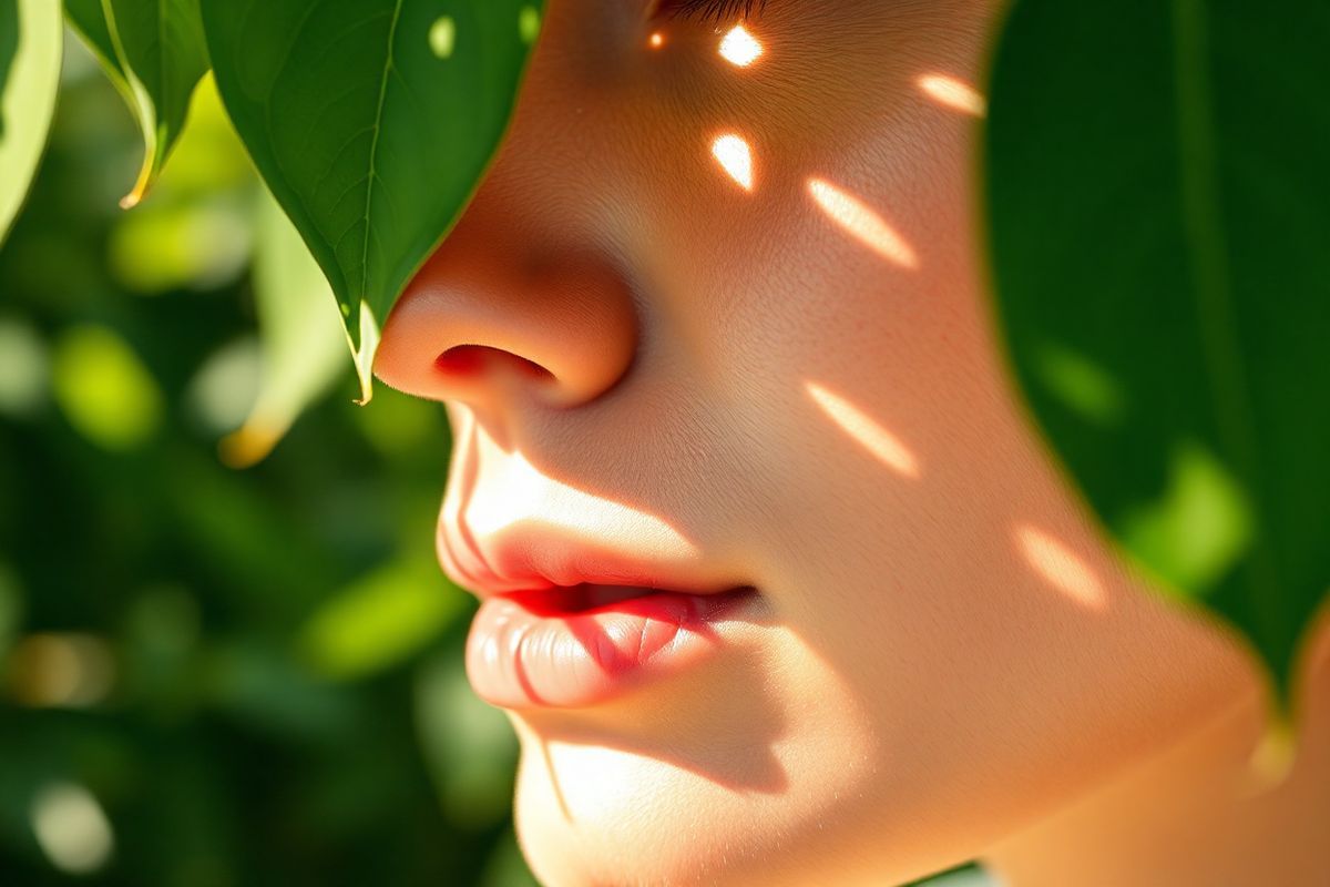 A close-up, photorealistic image of healthy human skin, showcasing a beautifully illuminated area of the face, where sunlight gently streams through leaves, creating dappled patterns on the skin. The skin appears smooth and radiant, with a natural, warm tone that highlights its texture and healthy complexion. In the background, soft-focus greenery enhances the feeling of being outdoors, symbolizing the connection to nature and the sun. Small, delicate details like freckles or sun-kissed spots add authenticity, while the lighting emphasizes the contours of the facial structure, enhancing the overall warmth and vitality. The image should evoke a sense of serene beauty and awareness of sun exposure, subtly hinting at the importance of skin protection without overtly displaying any signs of skin cancer or abnormalities. The composition should be harmonious, with a soothing color palette of soft greens, warm skin tones, and gentle sunlight, inviting viewers to appreciate the beauty of healthy skin while simultaneously reminding them of the protective measures necessary to maintain it.