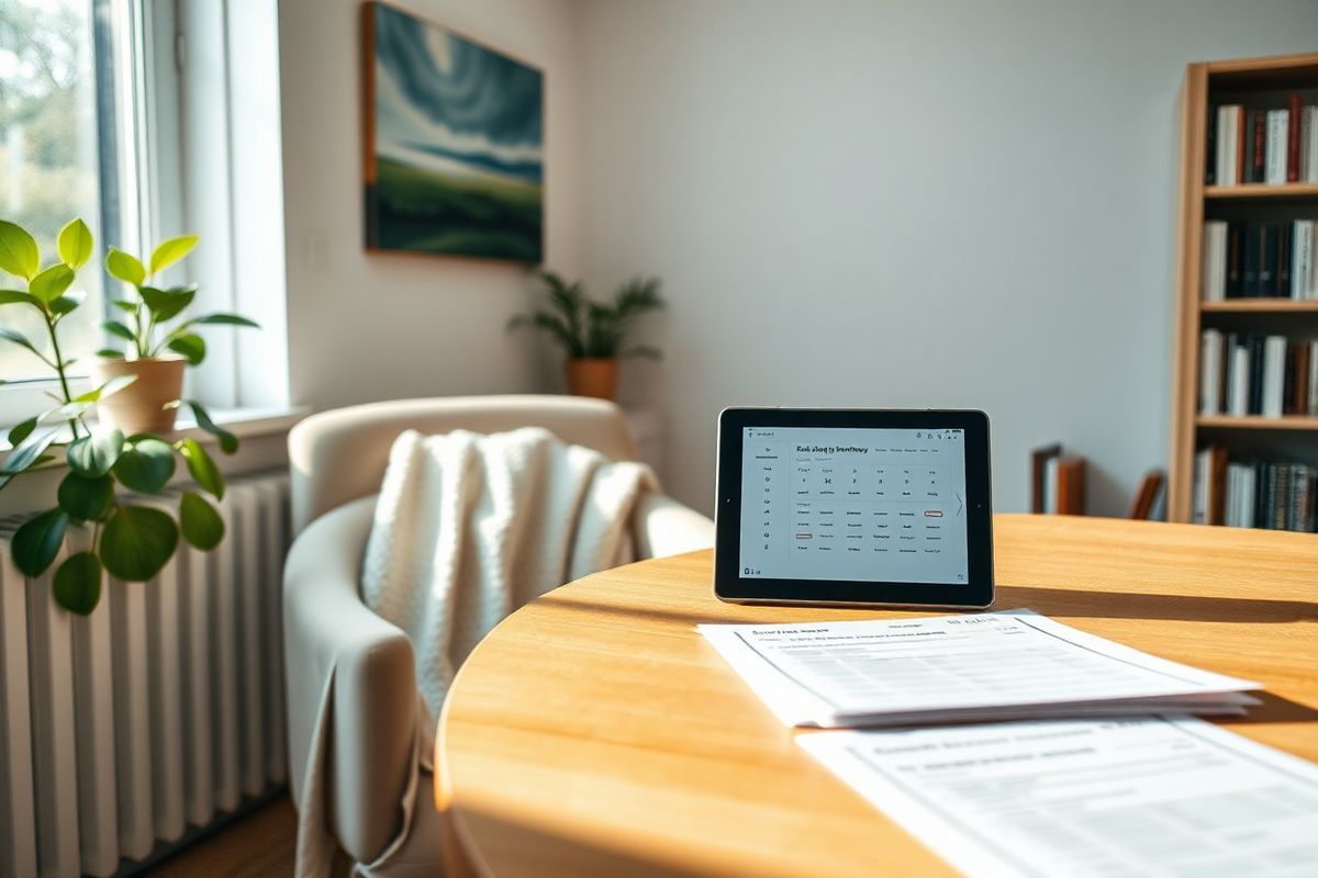 A serene clinical setting with soft, natural lighting creates a calming atmosphere. In the foreground, a wooden desk is neatly arranged with a variety of mental health assessment tools, including a digital tablet displaying the Beck Anxiety Inventory interface and a stack of printed BAI questionnaires. Beside the desk, a comfortable chair invites patients to sit, draped with a cozy throw blanket. On the wall, a subtle abstract painting in calming blues and greens evokes a sense of tranquility. A potted plant with lush green leaves sits on the windowsill, allowing gentle sunlight to filter in and enhance the room’s inviting ambiance. In the background, a bookshelf filled with psychology texts and resources adds an element of professionalism. The overall composition exudes warmth, support, and a focus on mental health, making it an ideal visual representation of the importance of assessment tools like the Beck Anxiety Inventory in providing effective treatment and care for anxiety disorders.