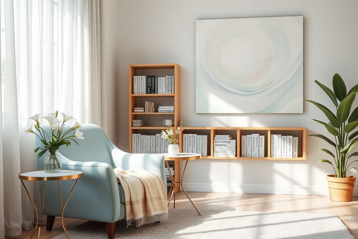 A serene and inviting therapy room bathed in soft, natural light filtering through sheer curtains. The room features a comfortable, plush armchair in a calming shade of light blue, positioned beside a small, elegant side table adorned with a simple vase of fresh white lilies. A large, abstract painting with gentle swirling pastel colors hangs on the wall, creating a soothing focal point. In the background, a bookshelf filled with well-organized mental health resources, including various psychological assessments like the Beck Anxiety Inventory, is visible. A cozy throw blanket drapes over the armchair, inviting relaxation. The floor is covered with a soft, neutral area rug, and a potted plant in the corner adds a touch of greenery. The overall atmosphere is one of tranquility and warmth, creating a perfect environment for self-reflection and mental health assessment.