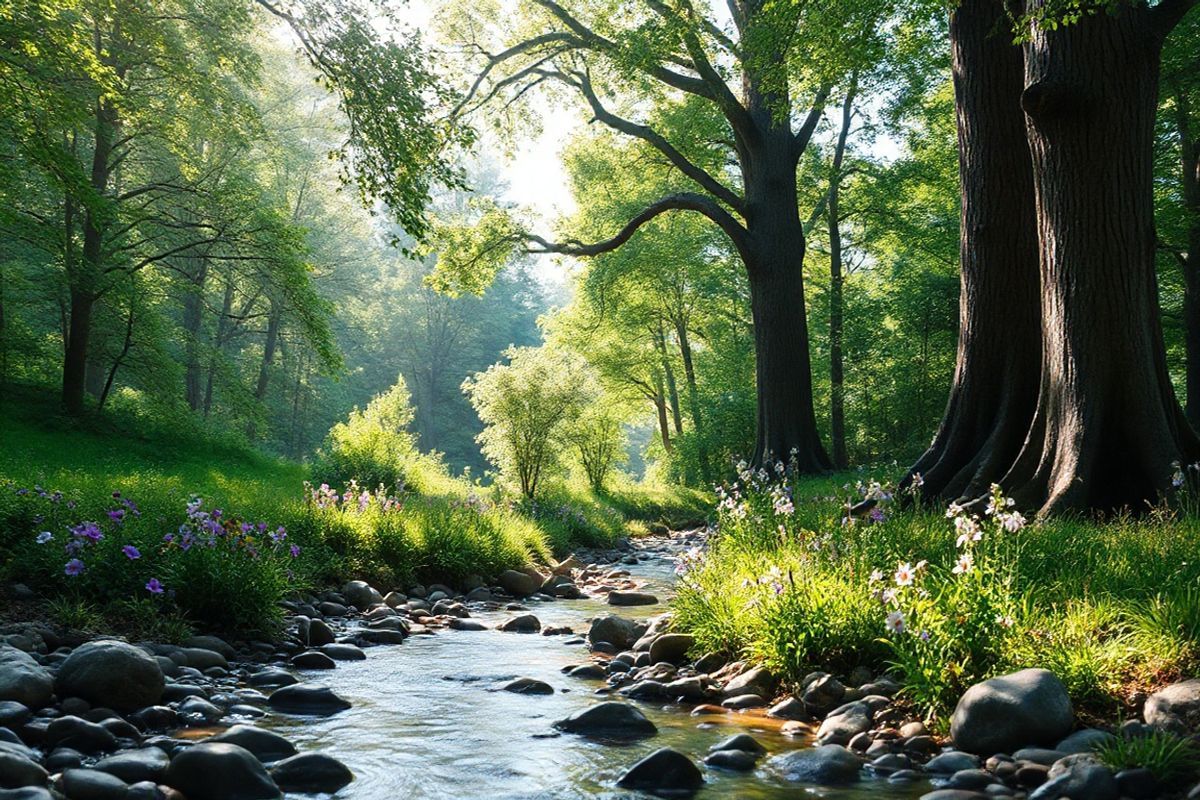 A serene and tranquil scene depicting a peaceful forest glade bathed in soft, dappled sunlight filtering through the lush green canopy above. The foreground features a gentle stream flowing over smooth pebbles, reflecting the light and creating a soothing sound. Vibrant wildflowers in shades of purple, yellow, and white bloom along the banks, adding splashes of color to the verdant landscape. In the background, majestic trees with thick trunks and intricate bark patterns rise high, their leaves whispering in the light breeze. A few birds can be seen perched on branches, their silhouettes contrasting against the bright sky. The overall atmosphere conveys a sense of calm and healing, symbolizing the brain’s potential for recovery and adaptation through neuroplasticity. Soft shadows and highlights enhance the photorealistic quality, inviting viewers to immerse themselves in this tranquil retreat, reminiscent of nature’s restorative power and resilience.