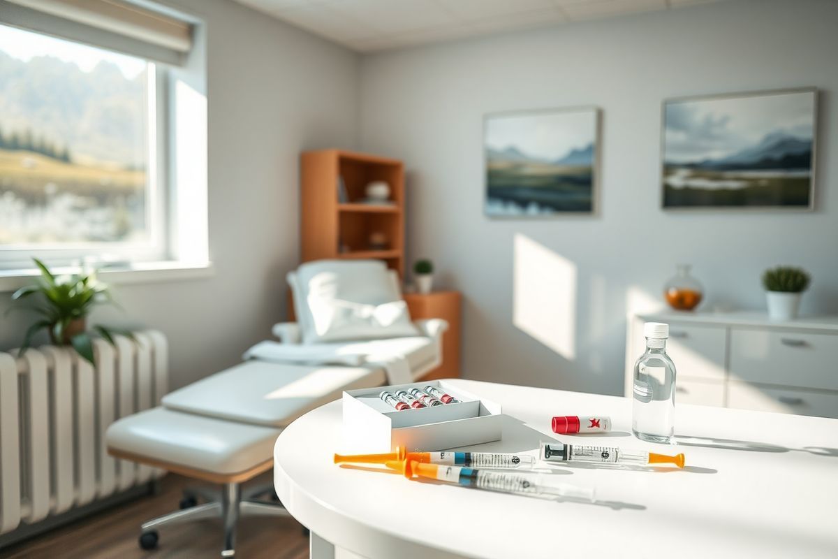 A photorealistic image depicts a serene healthcare setting, featuring a well-lit examination room with soft, neutral colors. In the foreground, a healthcare professional, dressed in scrubs, gently prepares a blood draw kit on a clean, white countertop, showcasing various medical tools such as sterile syringes and vials. The background includes a comfortable examination chair, adorned with crisp, white linens, and a window allowing natural light to filter in, casting gentle shadows. On the walls, calming artwork of abstract nature scenes adds a soothing touch. A small potted plant sits on a nearby shelf, bringing a hint of greenery to the space. The overall atmosphere conveys professionalism and warmth, emphasizing the importance of patient care and the supportive environment in which the CCP antibody test is conducted.