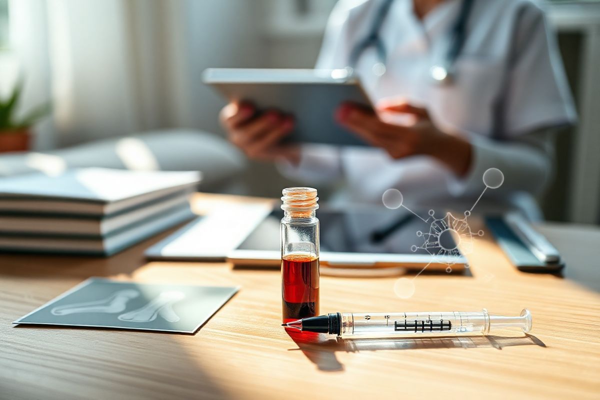 A close-up view of a beautifully arranged wooden table displaying various medical tools and elements related to rheumatoid arthritis diagnosis. In the foreground, a pristine glass vial filled with a blood sample sits next to a small, elegant syringe, symbolizing the CCP antibody test. Surrounding these items are delicate, soft-focus images of healthy joints and a visual representation of anti-CCP antibodies, illustrated as intricate molecular structures. In the background, a subtle depiction of a healthcare professional in white scrubs is seen, gently analyzing patient data on a sleek tablet. Soft, natural lighting filters through a nearby window, casting gentle shadows and highlighting the textures of the wooden table and the glass vial. The overall atmosphere is calm and professional, conveying a sense of meticulous care and advanced medical knowledge.