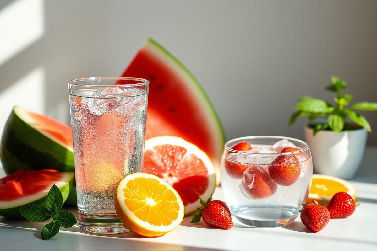 A beautifully arranged, photorealistic still life composition featuring a clear glass of water filled to the brim, glistening with condensation to emphasize freshness. Beside the glass, a variety of hydrating fruits is artfully displayed, including vibrant slices of watermelon, juicy oranges, and plump strawberries, their colors contrasting beautifully against a soft, neutral background. A small bowl of electrolyte-rich coconut water sits nearby, invitingly chilled. The scene is illuminated by soft, natural light that casts gentle shadows, enhancing the textures of the fruits and the clarity of the water. In the background, a hint of greenery, such as a potted plant or fresh mint leaves, adds a touch of life, symbolizing health and hydration. The overall atmosphere conveys a sense of tranquility and wellness, encouraging viewers to embrace hydration as a vital part of their lifestyle, particularly for those susceptible to migraines.