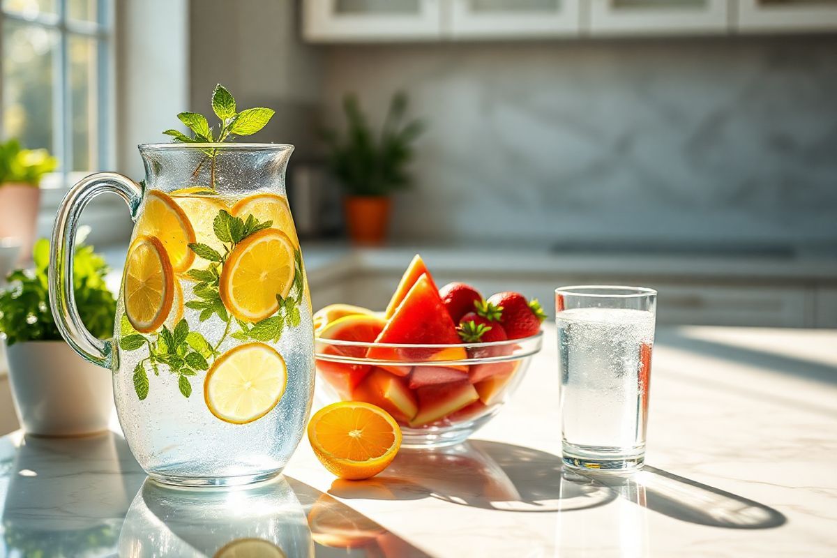 A photorealistic image of a serene kitchen countertop bathed in natural light, showcasing a clear glass pitcher filled with refreshing water, adorned with slices of vibrant lemon and sprigs of fresh mint floating on top. Next to the pitcher, a beautifully arranged bowl brimming with an assortment of juicy fruits, including watermelon, oranges, and strawberries, glistening with droplets of water, emphasizes hydration. In the background, a small potted plant adds a touch of greenery, while a delicate glass of sparkling water rests nearby, with bubbles dancing to the surface. The countertop is made of polished white marble, reflecting the warm sunlight streaming through a nearby window, creating a calming and inviting atmosphere. The composition highlights the importance of hydration in a visually appealing way, drawing attention to the connection between refreshing beverages and healthy living, making it an ideal backdrop for discussions about dehydration and its effects on health.