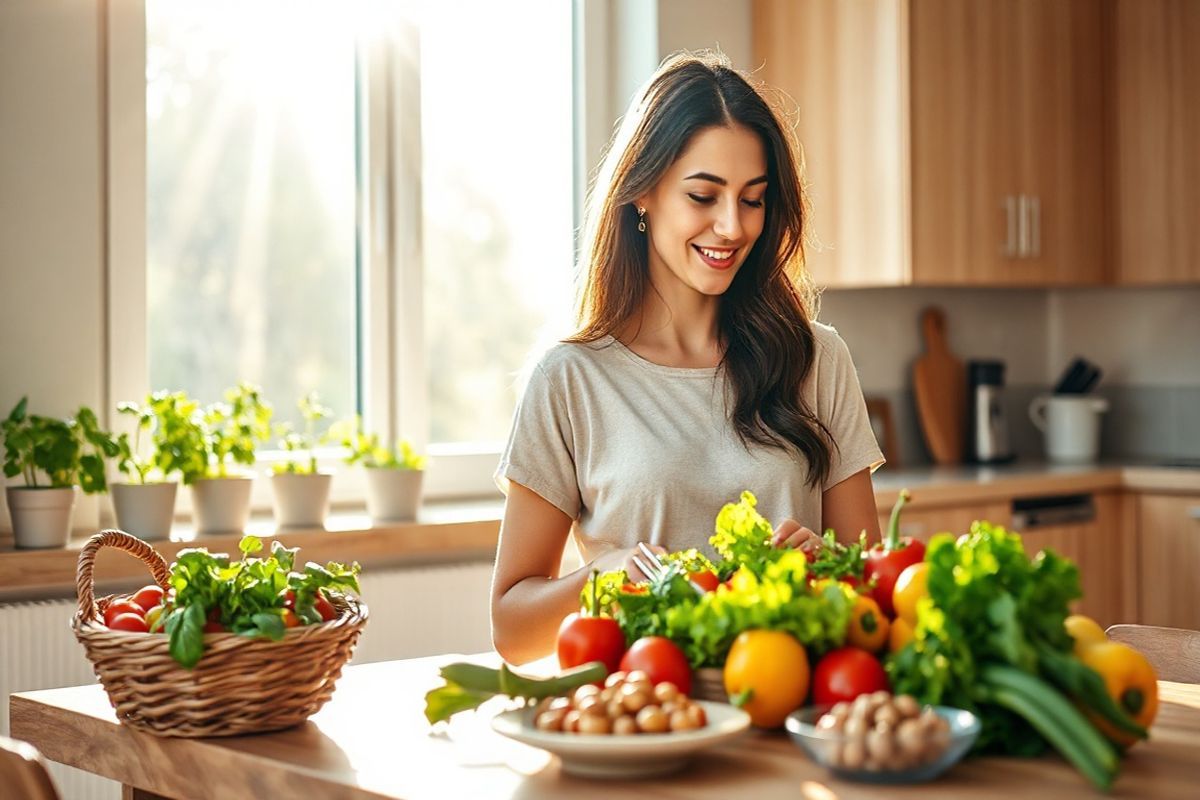 A serene and photorealistic image depicting a tranquil scene of a woman in a sunlit kitchen, surrounded by fresh fruits and vegetables, symbolizing a healthy lifestyle. The woman, with a gentle smile, is preparing a colorful salad, showcasing vibrant greens, ripe tomatoes, and bright peppers. Sunlight streams through a large window, casting warm golden rays that highlight the freshness of the produce. In the background, a small herb garden can be seen on the windowsill, with pots of basil, cilantro, and mint, enhancing the feeling of vitality and wellness. The kitchen is modern and inviting, with light wood cabinetry and a rustic wooden table set for a meal. Soft, natural elements like a woven basket filled with fruits and a small bowl of nuts add warmth to the scene. This image conveys a sense of health, balance, and the importance of nutrition in managing conditions like PCOS and diabetes, making it a perfect visual companion to the text.