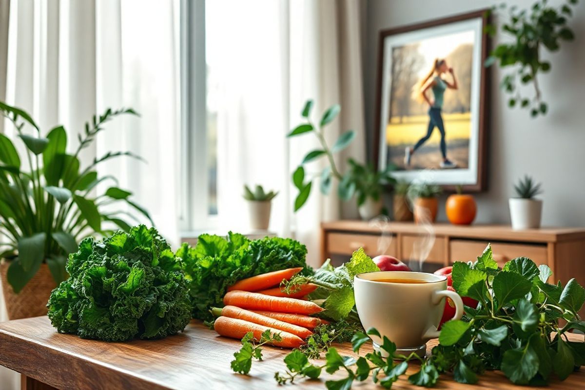 A serene and inviting scene unfolds in a softly lit room, where a cozy nook is adorned with lush, green plants symbolizing health and vitality. In the foreground, a wooden table holds a vibrant spread of fresh fruits and vegetables, including deep green leafy kale, bright orange carrots, and glossy red apples, emphasizing a balanced diet. Beside it, a delicate porcelain cup filled with herbal tea emits a gentle steam, signifying warmth and wellness.   The background features a large window with sheer curtains, allowing natural light to filter in and illuminate the space, creating a harmonious atmosphere. On the windowsill, small potted succulents add a touch of nature, while a framed picture of a fit woman jogging in a sunlit park reflects a commitment to physical activity. The overall composition exudes a sense of balance and tranquility, inviting viewers to embrace a lifestyle of health and mindfulness, resonating with themes of managing PCOS and diabetes effectively.