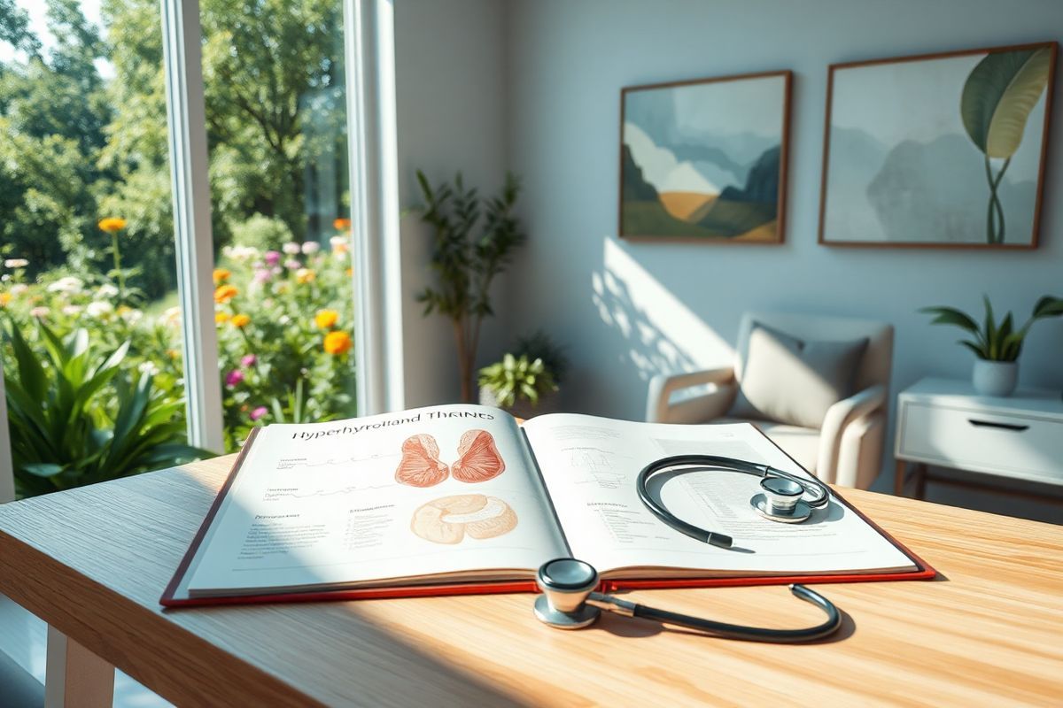 A photorealistic image depicting a serene and tranquil scene of a well-lit, modern medical office. In the foreground, a sleek wooden desk is adorned with an open medical journal showcasing illustrations of the thyroid gland and hormone diagrams. A stethoscope lies casually beside the journal. In the background, a large window reveals a picturesque view of a lush garden filled with vibrant flowers and greenery, symbolizing health and vitality. Soft sunlight filters through the window, casting gentle shadows across the room, enhancing the calming atmosphere. On the walls, tasteful abstract art pieces, inspired by the concepts of balance and wellness, add a touch of sophistication. A comfortable chair sits invitingly next to the desk, suggesting a welcoming space for patients seeking knowledge and support about hyperthyroidism. The overall color palette is soothing, with soft blues and greens complemented by warm browns, creating a harmonious environment conducive to healing and education.