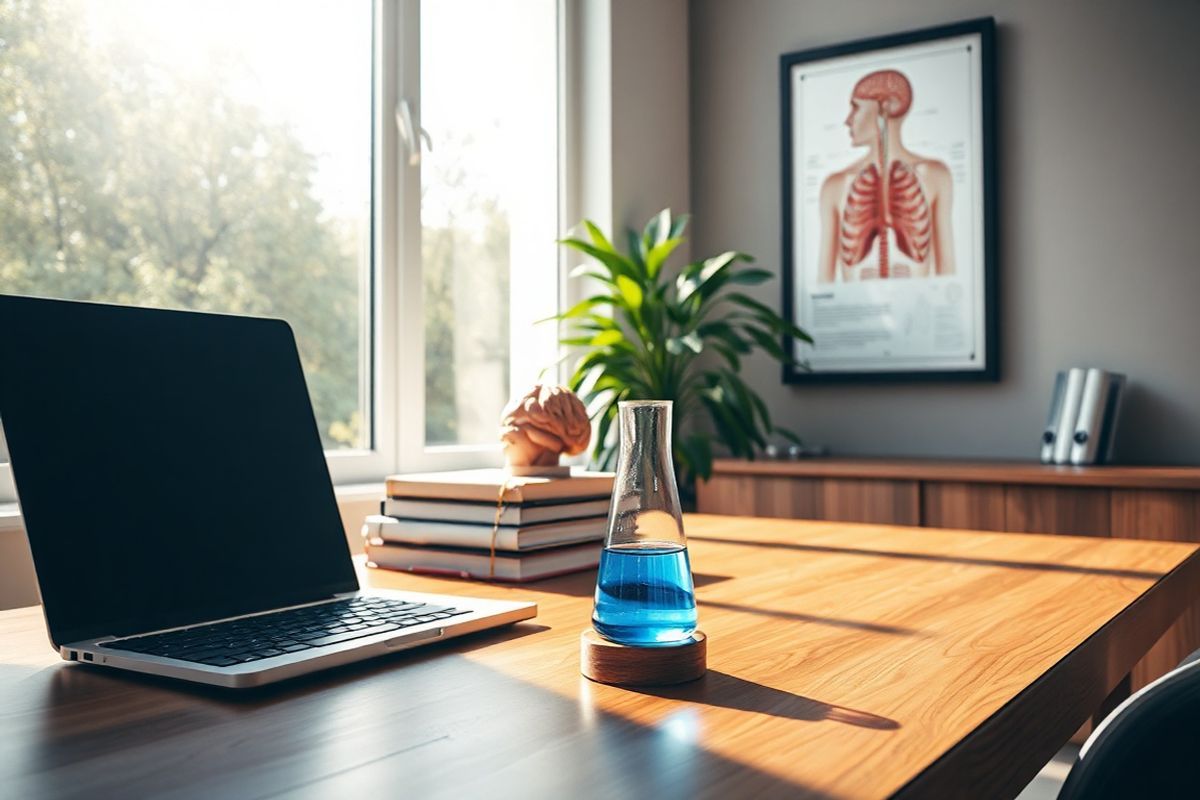 A photorealistic image captures a serene medical setting featuring an elegant wooden desk adorned with a sleek laptop, a stack of medical textbooks, and an anatomical model of the human brain. Natural light streams through a large window, illuminating the room with a warm glow. On the desk, a delicate glass vial containing a vibrant blue liquid reflects the sunlight, symbolizing medical treatment. In the background, a lush green plant adds a touch of tranquility, while a framed anatomical poster of the thyroid gland hangs on the wall, subtly emphasizing the connection between hyperthyroidism and its potential effects, such as seizures. The overall ambiance is calm and inviting, perfect for a healthcare professional’s workspace, evoking a sense of hope and healing.