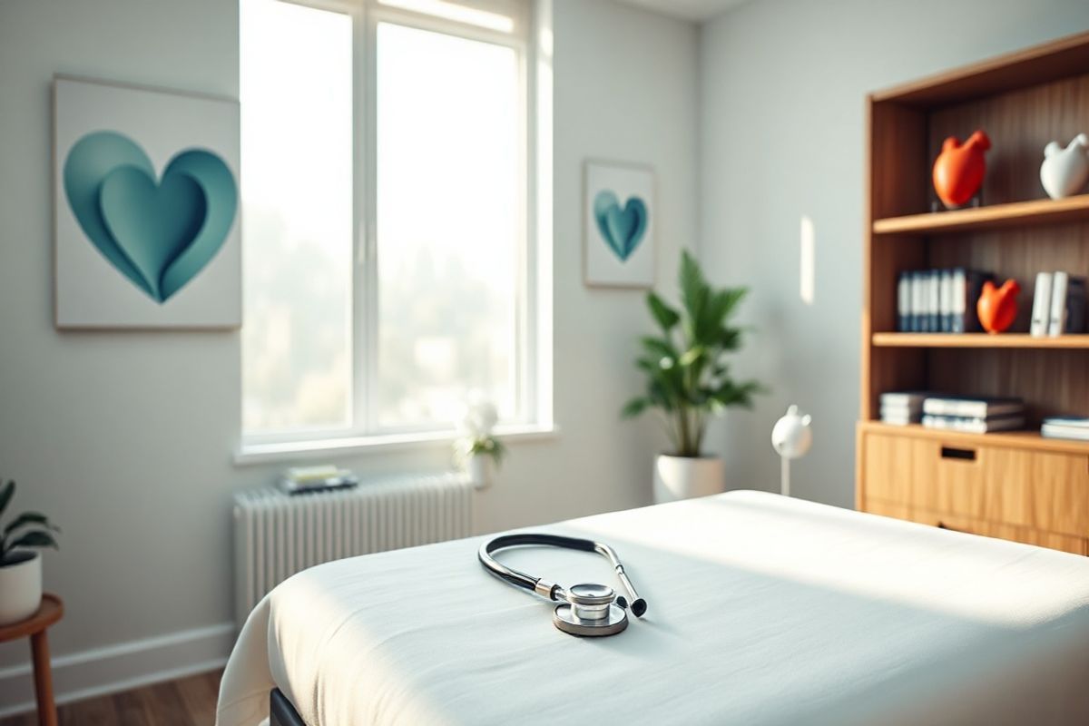 A photorealistic decorative image depicting a serene and calming scene in a medical office setting. The focus is on a well-lit consultation room, featuring a comfortable examination table draped in crisp white linen. In the background, a large window allows soft natural light to filter in, illuminating the room with a warm glow. On the walls, calming artwork of abstract heart shapes in soothing colors like blues and greens adds a touch of tranquility. A stethoscope rests on a wooden desk, alongside a modern laptop and a potted plant that brings a hint of nature inside. In the corner, a well-organized shelf displays medical books and models of the heart, emphasizing the focus on cardiac health. The overall ambiance is peaceful and inviting, designed to promote a sense of comfort and assurance for patients concerned about their heart health, particularly those dealing with conditions like Mitral Valve Prolapse. The image conveys a message of care and professionalism, encouraging individuals to seek help and engage in discussions about their health.