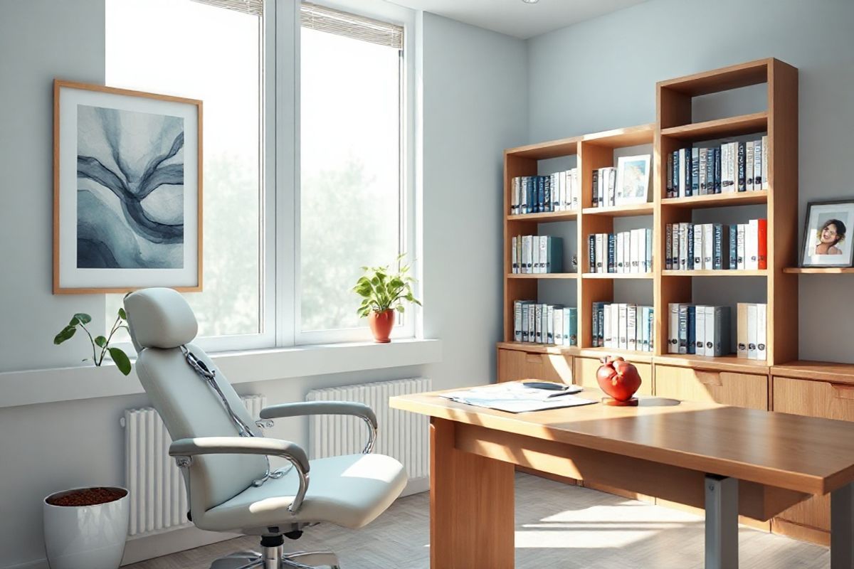 A serene, photorealistic depiction of a tranquil medical office setting, bathed in soft, natural light streaming through large windows. In the foreground, a comfortable examination chair is positioned next to a sleek wooden desk, adorned with a stethoscope and a few medical charts. The walls are painted in calming shades of light blue and white, with framed abstract art that evokes a sense of peace. A potted plant with lush green leaves sits on the windowsill, adding a touch of nature to the environment. In the background, a well-organized bookshelf filled with medical books and journals suggests a focus on health and wellness. Subtle details, such as a heart model on the desk and a framed photo of a relaxed patient smiling, convey a sense of empathy and care. The overall ambiance is inviting and soothing, reflecting a space dedicated to both physical and mental health, making it an ideal backdrop for discussions about conditions like Mitral Valve Prolapse and the impact of anxiety on heart health.