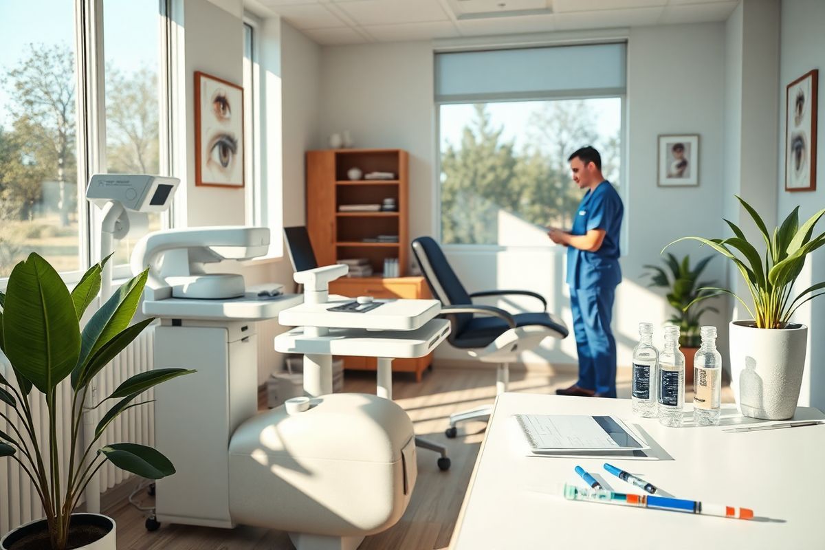 A photorealistic image depicting a serene medical office environment focused on eye care. The scene includes a bright, well-lit examination room with large windows letting in natural light. In the foreground, a comfortable examination chair is positioned next to a modern ophthalmology machine, showcasing advanced technology used for eye treatments. On a nearby table, medical supplies such as syringes, vials, and sterile instruments are neatly organized, hinting at the preparation for a Vabysmo injection. The walls are adorned with calming pastel colors and framed images of eye conditions, creating a soothing atmosphere. A green potted plant adds a touch of nature, symbolizing healing and well-being. Soft shadows cast by the afternoon sun create a warm ambiance, making the room appear inviting and professional. In the background, a healthcare provider in scrubs is gently consulting with a patient seated in the examination chair, fostering a sense of trust and care. This composition captures the essence of the healthcare experience, emphasizing the importance of patient-provider interaction in managing eye conditions and treatments like Vabysmo.