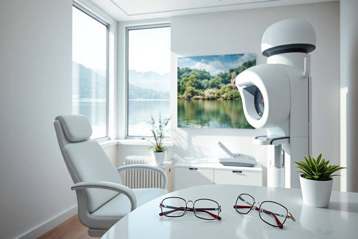 A photorealistic image capturing a serene ophthalmology clinic setting, focusing on a well-lit examination room. The room features a large window with natural sunlight streaming through, illuminating the sleek white walls and modern furnishings. In the foreground, a comfortable examination chair is positioned next to a state-of-the-art retinal imaging machine, showcasing advanced technology. On a nearby table, neatly organized medical instruments glisten under the soft light. The background features a calming landscape painting depicting a tranquil lake surrounded by lush greenery, enhancing the soothing atmosphere of the clinic. A potted plant adds a touch of nature, while a pair of stylish prescription glasses rests on the table, hinting at the personal touch of patient care. The overall ambiance conveys a sense of professionalism, comfort, and hope, reflecting the importance of eye health in the treatment of conditions such as wet age-related macular degeneration and diabetic macular edema. This image evokes a feeling of trust and reassurance, ideal for representing the supportive environment where patients receive their Vabysmo treatments.