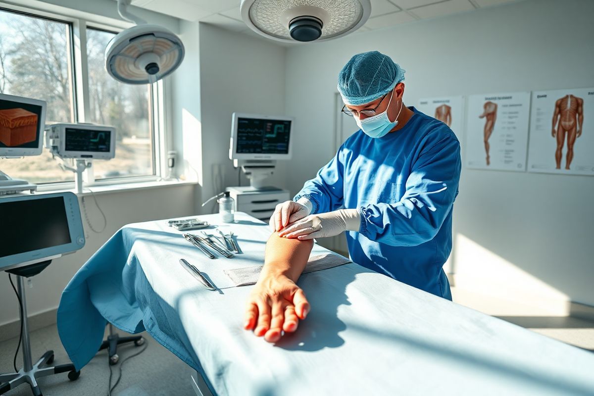 A photorealistic image of a serene surgical setting in a modern medical facility, showcasing a well-lit operating room with a clean, sterile environment. The focal point is a glass surgical table, elegantly arranged with surgical instruments neatly placed on sterile drapes. Nearby, a skilled surgeon, dressed in blue scrubs and a surgical mask, is gently applying a skin graft to a patient’s forearm, showcasing the delicate nature of the procedure. The patient’s skin, visibly healed and well-prepared, contrasts with the surrounding clinical equipment, including monitors displaying vital signs. Natural light filters through large windows, casting soft shadows and highlighting the precision of the grafting process. On the walls, there are anatomical charts illustrating skin layers and healing processes, enhancing the educational aspect of the scene. The overall atmosphere conveys a sense of calm professionalism, emphasizing the importance of healing and the artistry involved in skin graft surgery.