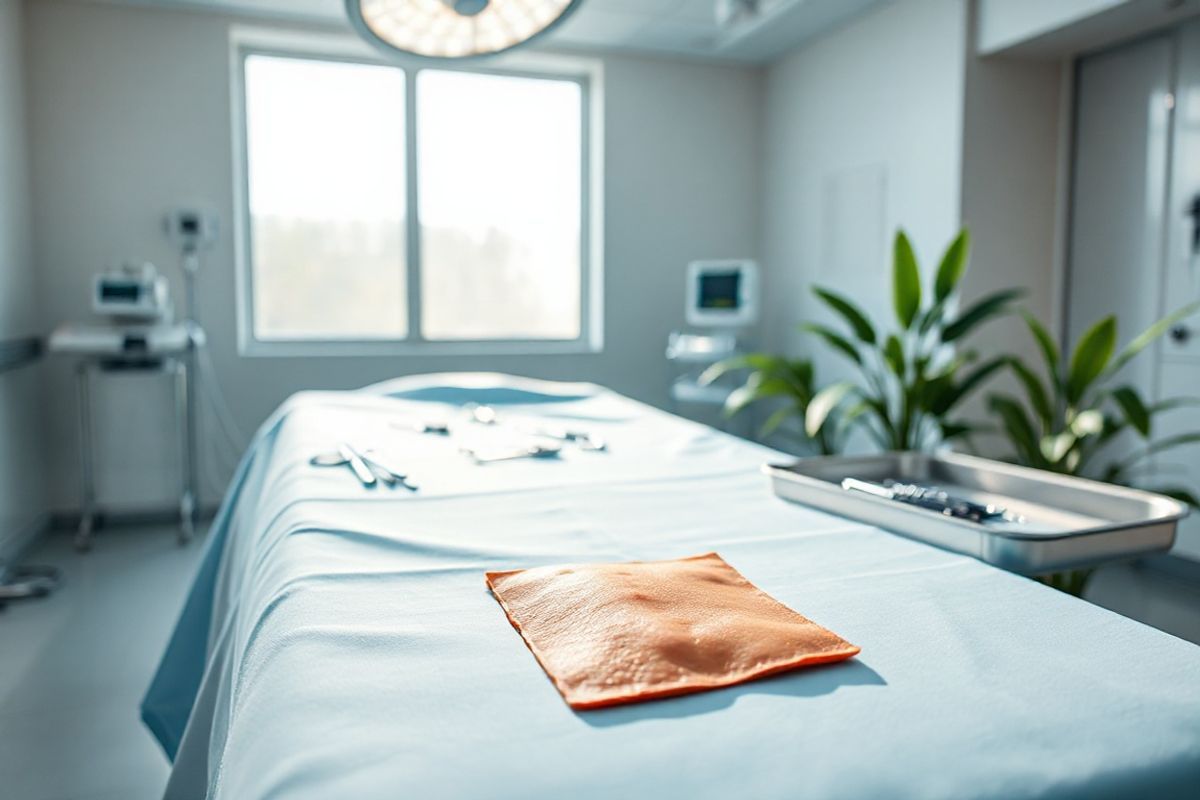 The image features a serene hospital setting, showcasing a well-lit surgical room with a focus on a large, sterile operating table. The table is neatly draped with crisp, white linens, while a soft blue surgical sheet covers the area where a skin graft procedure is being performed. In the background, medical instruments glint under the bright overhead lights, organized meticulously on stainless steel trays. A large window allows natural light to pour in, illuminating the space with a warm glow. On the table, a close-up of a healthy skin graft, delicately placed beside a small sample of the patient’s skin, highlights the intricate textures and tones of the skin. The scene conveys a sense of hope and healing, with a subtle emphasis on the precision and care involved in surgical procedures. Soft green plants in the corner add a touch of warmth and life to the clinical environment, reinforcing the theme of recovery and restoration. The overall composition reflects a balance between the technical aspects of surgery and the compassionate nature of patient care.