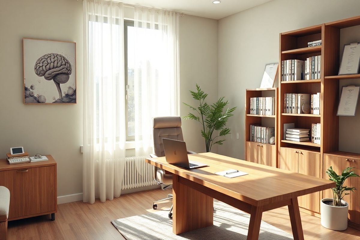 A serene, photorealistic image of a cozy, well-lit doctor’s office designed for cognitive assessments and consultations. The room features a large wooden desk with a sleek laptop open, surrounded by warm, inviting furnishings. Natural light streams in through a large window adorned with soft, sheer curtains, casting gentle shadows across the room. A comfortable chair sits across from the desk, inviting patients to sit down. On the walls, calming artwork depicting abstract representations of the brain and cognitive processes gives a sense of warmth and professionalism. A bookshelf filled with medical texts and cognitive assessment tools, such as a clipboard and neuropsychological test materials, is neatly organized in one corner. Additionally, a potted plant adds a touch of greenery, enhancing the atmosphere of tranquility and support. The overall color palette is soft and muted, featuring shades of beige, light green, and warm wood tones, creating an environment that feels safe and conducive to open discussion about cognitive health. This image captures the essence of a multidisciplinary approach to diagnosing vascular dementia, emphasizing comfort, care, and professionalism.