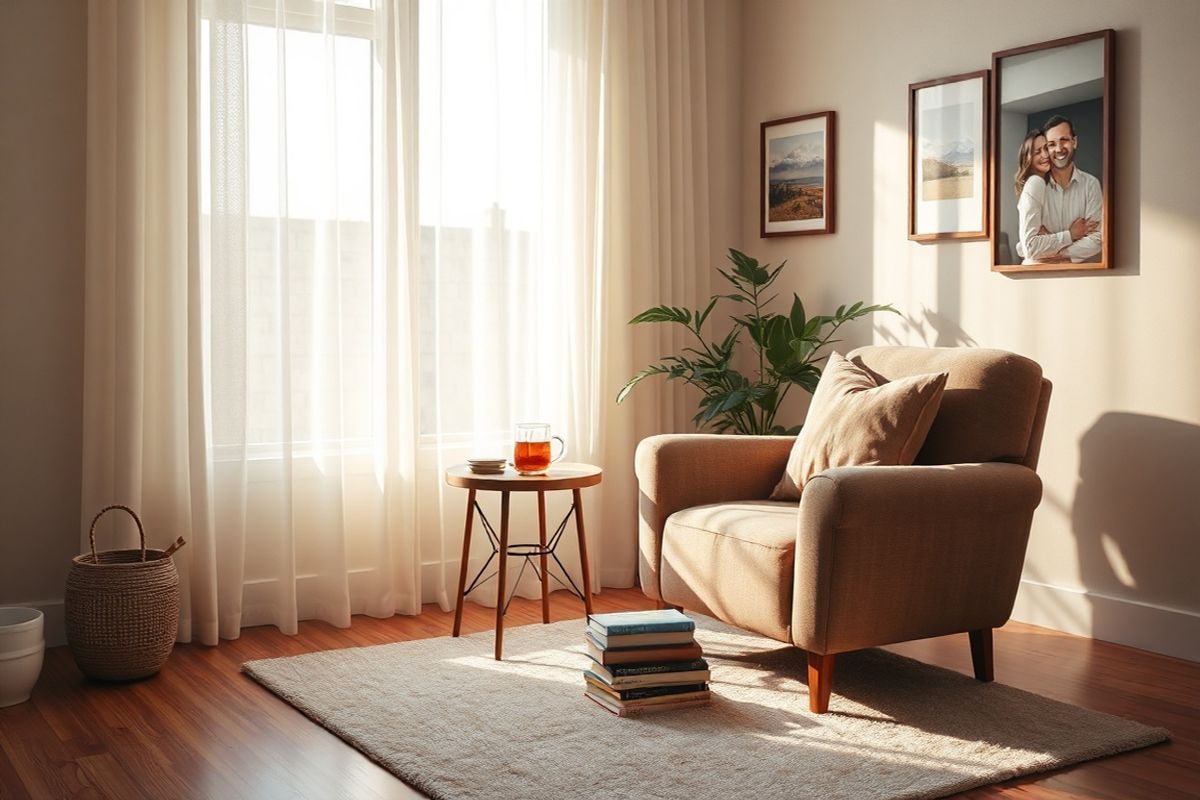 A serene and photorealistic image of a cozy living room bathed in soft, warm light. The room features a comfortable armchair upholstered in a rich, textured fabric, positioned beside a small wooden side table adorned with a steaming cup of herbal tea and a stack of well-loved books. A plush area rug in muted tones lies beneath, adding warmth to the wooden floor. In the background, a large window lets in gentle sunlight, illuminating sheer curtains that flutter slightly with a light breeze. On the walls, framed photographs of serene landscapes and family moments create a sense of nostalgia and connection. A potted plant in the corner adds a touch of greenery, symbolizing growth and resilience. The overall ambiance conveys a tranquil space ideal for reflection, inviting viewers to imagine spending quiet moments, engaging in thoughtful contemplation or engaging discussions about the complexities of life and health. The color palette consists of soft earth tones, complemented by hints of pastel shades, creating a harmonious and inviting atmosphere that embodies comfort and introspection.