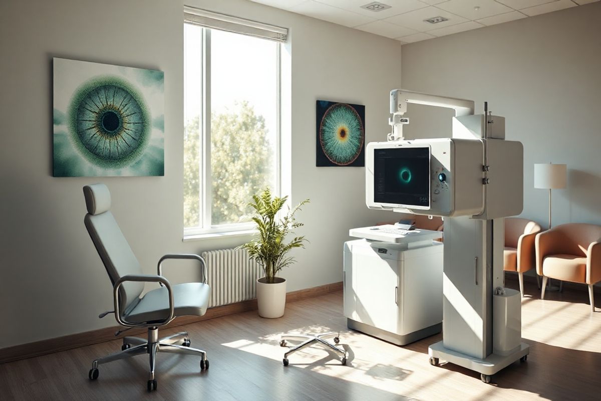 A photorealistic decorative image depicting a serene, softly lit ophthalmology clinic environment. The focus is on a comfortable examination room with a large window allowing natural light to gently illuminate the space. In the foreground, a sleek, modern eye examination chair is positioned beside a high-tech optical coherence tomography (OCT) machine, showcasing the advanced equipment used for diagnosing macular conditions. The walls are adorned with calming, nature-inspired artwork featuring abstract representations of the retina and macula, in soft greens and blues to evoke a sense of tranquility. A small potted plant adds a touch of life to the room, while a cozy waiting area with plush chairs is visible in the background, creating an inviting atmosphere for patients. Sunlight streaming through the window casts delicate shadows on the floor, enhancing the warmth of the scene. The overall composition conveys a sense of professionalism and comfort, making it an ideal visual representation of eye care and the importance of regular examinations for conditions like macular pucker and degeneration.