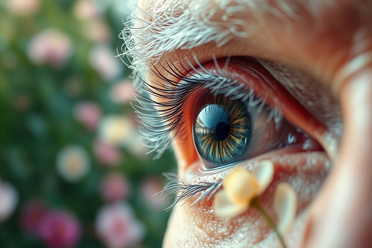 A close-up, photorealistic image of an elderly person’s eye, focused on the intricate details of the iris and pupil, showcasing the natural variations in color and texture. The eye is partially framed by delicate, silver-gray eyelashes, with soft light reflecting off the surface, creating a sense of depth and warmth. In the background, a blurred garden scene filled with vibrant greens and soft hues of blooming flowers conveys a sense of tranquility and life. Subtle hints of age, such as fine lines and gentle wrinkles around the eye, signify wisdom and experience. The image captures the essence of vision and the importance of eye health, inviting viewers to reflect on the significance of maintaining sight as they age. The overall composition is harmonious, evoking feelings of serenity and contemplation, while emphasizing the beauty and complexity of the human eye.