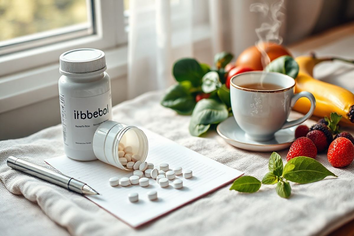 A beautifully arranged flat lay image featuring an assortment of IBS-related treatment options. The scene includes a sleek white prescription bottle of Ibsrela, partially open to reveal a few tablets spilling out onto a soft, textured linen cloth. Beside it, a prescription pad and a stylish pen hint at the collaborative decision-making process between a patient and healthcare provider. In the background, a calming herbal tea sits in a delicate ceramic cup, steam gently rising, symbolizing holistic approaches to wellness. Fresh fruits and vegetables—such as a ripe banana, vibrant spinach leaves, and juicy berries—are artfully placed to emphasize the importance of a healthy diet in managing IBS symptoms. Soft, natural light filters through a nearby window, casting a warm glow over the scene, creating an inviting and serene atmosphere that conveys hope and wellness. The overall composition embodies a sense of balance between medical treatment and lifestyle choices, appealing to individuals seeking effective management of their IBS-C condition.