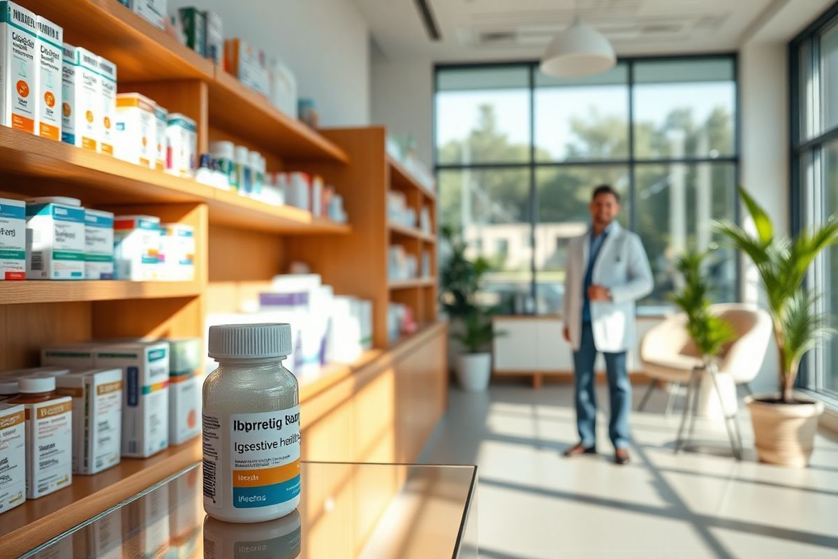 A photorealistic image of a serene, well-lit pharmacy interior is depicted, showcasing a neatly organized shelf filled with various medication boxes, including a prominent section for digestive health products. The shelves are made of warm wood, exuding an inviting atmosphere. A clean, glass display counter holds a few prescription bottles, with one bottle labeled “Ibsrela” subtly positioned at the forefront, hinting at its significance. Soft, natural light filters through large windows, illuminating the space and creating gentle shadows. The background features a consultation area with a comfortable chair and a small table, emphasizing a patient-friendly environment. Potted plants are strategically placed to add a touch of greenery, enhancing the calming ambiance. A friendly pharmacist can be seen in the background, assisting a patient with a warm smile, reinforcing the theme of support and guidance in managing health. The overall composition evokes a sense of trust, care, and accessibility, reflecting the importance of navigating medication options and financial assistance in a supportive setting.