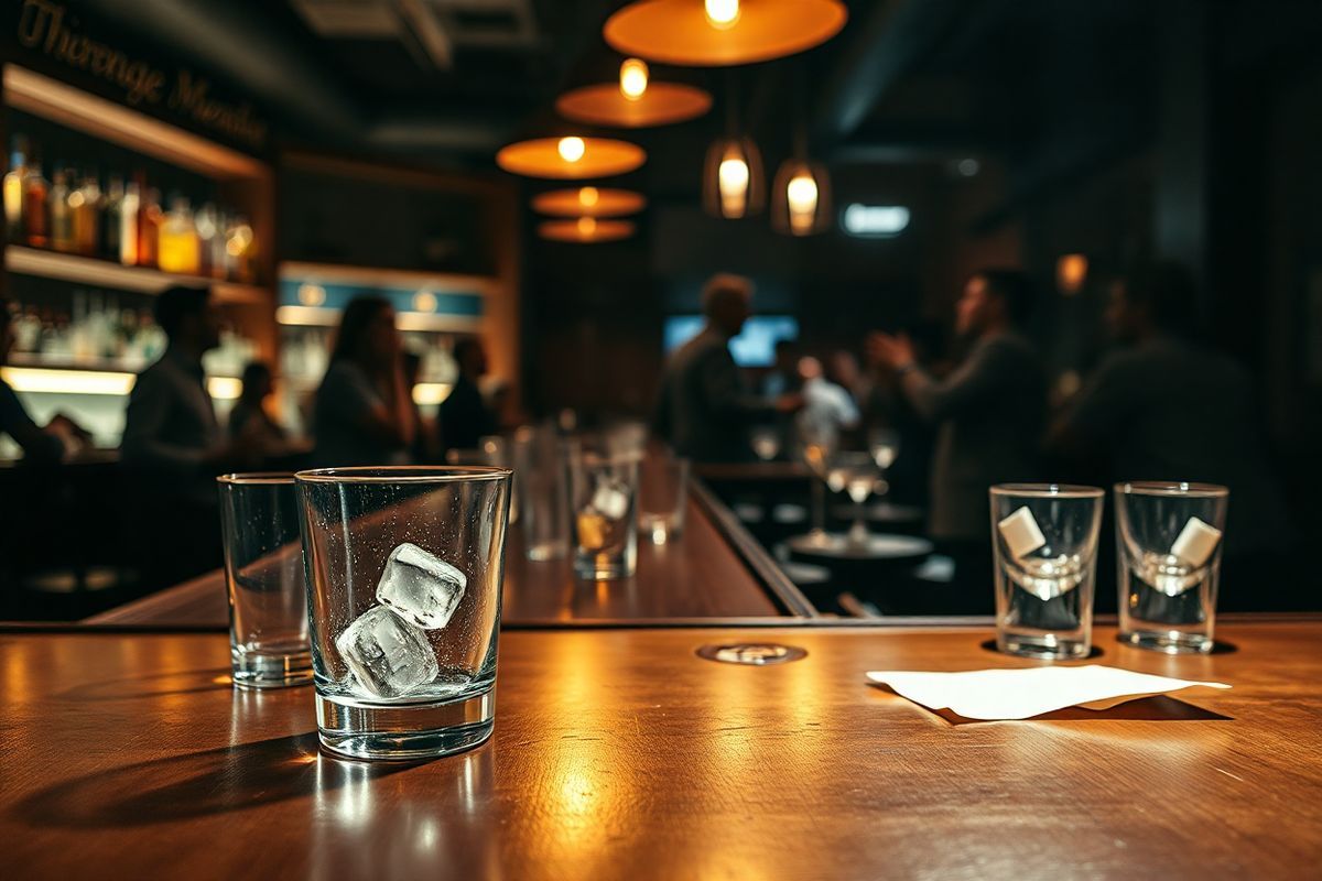 A photorealistic image captures a dimly lit bar scene, featuring a polished wooden countertop adorned with various empty and partially filled glasses of different shapes and sizes. A few ice cubes glisten in a lowball glass, reflecting the warm, ambient glow of hanging pendant lights. The background displays blurred silhouettes of patrons engaged in lively conversation, with some leaning against the bar and others seated at high-top tables, creating a sense of camaraderie. A bartender, focused on mixing a cocktail, is visible, showcasing a range of colorful bottles on the shelves behind. The atmosphere exudes a mix of excitement and caution, hinting at the fine line between enjoyment and excess. Subtle details, like condensation on the glassware and a spilled drink on the counter, add realism to the scene. A single, unoccupied stool with a slightly askew bar napkin suggests a recent departure, while the play of shadows and light enhances the mood of the environment, inviting viewers to reflect on the theme of responsible drinking and the potential consequences of indulgence.