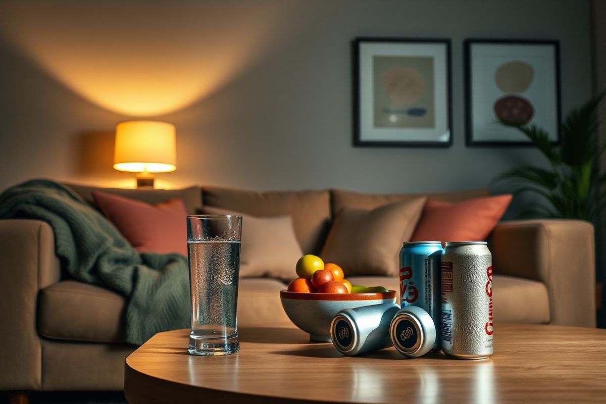 A photorealistic image depicting a serene and dimly lit living room setting with a cozy atmosphere. In the foreground, a plush, inviting couch is adorned with soft throw blankets and colorful cushions, suggesting comfort and warmth. A coffee table is placed in front, featuring a large glass of clear water, a bowl of fresh fruit, and a couple of unopened soda cans, symbolizing healthy choices. In the background, a softly glowing lamp casts a warm light, enhancing the feeling of safety and calm. To the side, a potted plant adds a touch of greenery, contributing to the fresh and inviting environment. The room is tastefully decorated with framed artwork on the walls that depict abstract shapes, emphasizing a sense of tranquility. The overall color palette consists of soft earth tones, creating a harmonious and peaceful ambiance, perfect for an evening gathering. This image conveys the importance of a safe and thoughtful space for social interactions, reminding viewers of the significance of moderation and mindfulness when it comes to alcohol consumption.