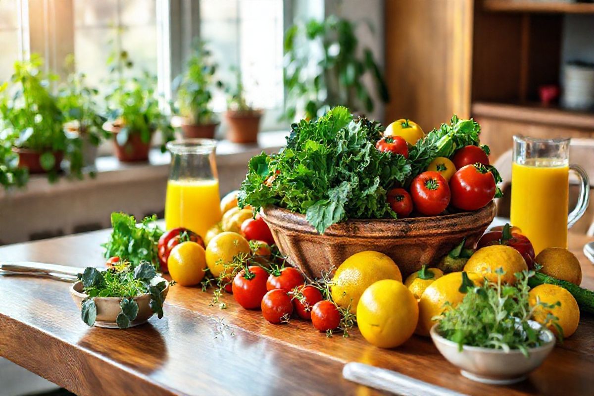 A serene, photorealistic image of a beautifully arranged wooden dining table adorned with an abundance of fresh, colorful fruits and vegetables. The centerpiece features a rustic ceramic bowl filled with vibrant greens like kale and spinach, surrounded by juicy tomatoes, bell peppers, and bright yellow lemons. Beside the bowl, a pitcher of freshly squeezed juice catches the warm sunlight, casting soft reflections on the polished wooden surface.   In the background, a lush indoor garden with potted herbs like basil and mint adds a touch of greenery, while a window allows natural light to flood the scene, creating a warm and inviting atmosphere. The table is set with elegant, simple dishware, hinting at a wholesome meal shared with loved ones. Delicate sprigs of microgreens peek out from small bowls, emphasizing the theme of health and nourishment. This image captures the essence of the gut-brain connection, showcasing the importance of nutritious foods in promoting well-being and mental health, all while exuding a sense of tranquility and harmony in the home.