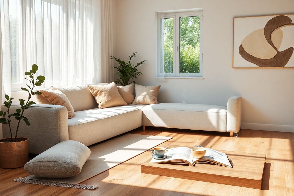 A serene and calming scene of a cozy living room that embodies a sense of tranquility and mental well-being. The room features soft, natural light filtering through large windows adorned with sheer curtains, casting gentle shadows on the hardwood floor. A plush, light-colored sofa is accented with an array of textured cushions in soothing earth tones, inviting relaxation. In the corner, a small indoor plant stands vibrant, symbolizing growth and health. A yoga mat is rolled out on the floor, next to a delicate meditation cushion, indicating a space for mindfulness practice. On a wooden coffee table, a steaming cup of herbal tea rests beside an open book with a peaceful design, suggesting a moment of relaxation and reflection. The walls are adorned with abstract art depicting flowing shapes and calming colors, enhancing the room’s serene atmosphere. A subtle hint of greenery can be seen through the window, showcasing a tranquil outdoor garden that complements the overall theme of nurturing the gut-brain connection through a harmonious living space.