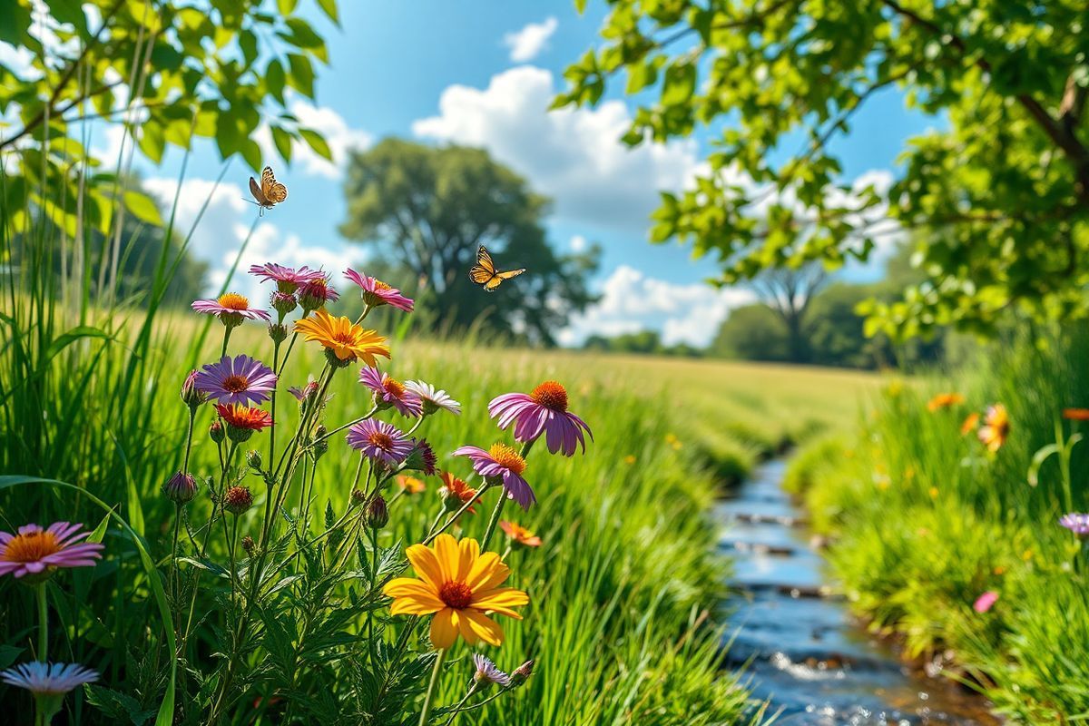 A photorealistic image depicting a vibrant and lush garden scene, where a variety of colorful flowers bloom among rich green foliage. In the foreground, a cluster of wildflowers in shades of purple, yellow, and red sways gently in the breeze, while delicate butterflies flutter around, adding a sense of movement and life. The background features a sun-drenched meadow with tall grass and a serene blue sky dotted with fluffy white clouds. A small, tranquil stream flows through the garden, reflecting the sunlight and creating a soothing ambiance. The scene is framed by trees with lush leaves, creating a sense of harmony between nature and tranquility. The overall composition evokes feelings of peace, growth, and connection to the natural world, symbolizing the intricate relationship between gut health and mental well-being, as explored in the context of the gut-brain axis. The interplay of light and shadow adds depth to the image, enhancing the vivid colors and textures of the flowers and foliage, inviting viewers to immerse themselves in this serene and restorative environment.