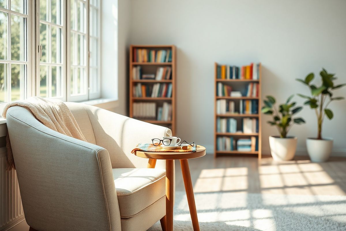 A serene and inviting room bathed in soft, natural light streaming through large windows, showcasing a comfortable setting for recovery. In the foreground, a plush armchair with a light pastel fabric is positioned next to a small wooden side table adorned with a steaming cup of herbal tea and a pair of eyeglasses resting on a colorful, textured fabric. A cozy throw blanket is casually draped over the arm of the chair. In the background, a bookshelf filled with various health and wellness books stands beside a potted plant, adding a touch of greenery. The walls are painted in calming shades of pale blue and white, enhancing the tranquil atmosphere. On the floor, a soft, patterned area rug invites relaxation, and a subtle hint of sunlight creates a warm glow, emphasizing the peaceful ambiance. This setting embodies a nurturing environment for individuals managing vision problems and recovering from concussions, promoting a sense of comfort and support.