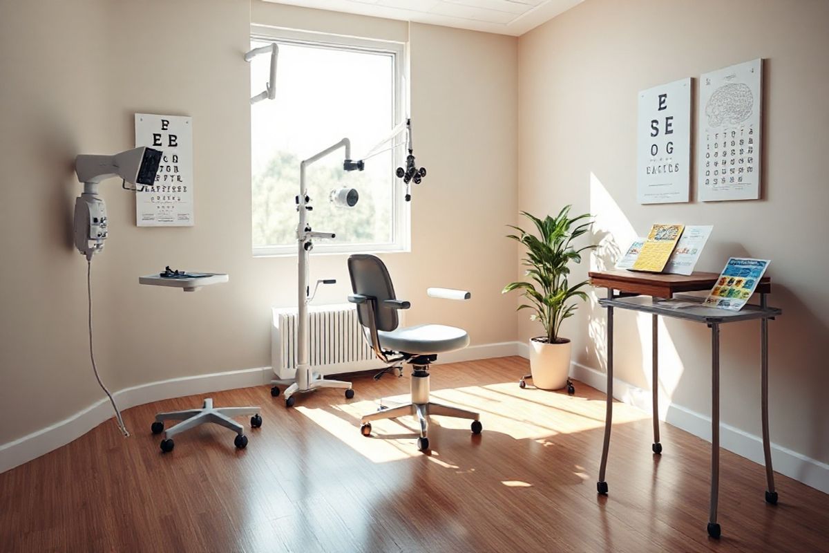 A photorealistic image depicting a serene and softly lit clinical examination room, designed to evoke a sense of calm and professionalism. The room features a modern eye examination chair in the center, surrounded by advanced optical equipment, such as a digital phoropter and an eye chart on the wall. Gentle sunlight filters in through a large window, casting soft shadows across the polished wooden floor. On a nearby table, a set of colorful eye charts and vision testing tools are neatly arranged, highlighting the importance of vision assessment in concussion recovery. In the background, a potted plant adds a touch of greenery, symbolizing healing and recovery. The walls are painted in soothing pastel colors, creating a tranquil atmosphere conducive to patient comfort. The overall composition conveys a sense of hope and professionalism, inviting viewers to reflect on the crucial connection between vision and brain health following a concussion.