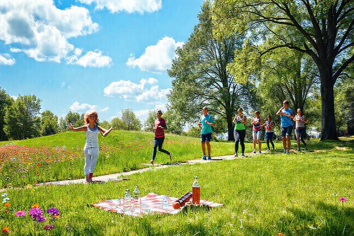 A serene and inviting scene featuring a tranquil outdoor setting ideal for exercise and relaxation. The image showcases a sunny park with vibrant green grass and colorful wildflowers swaying gently in the breeze. In the foreground, a diverse group of cancer survivors, including individuals of various ages and ethnicities, is engaged in different forms of exercise. A woman practices yoga on a mat, demonstrating a peaceful pose, while a man jogs along a winding path. Nearby, a small group is lifting light weights and doing resistance band exercises, exuding strength and camaraderie. In the background, tall trees provide shade, and a clear blue sky with fluffy white clouds enhances the uplifting atmosphere. A picnic blanket is spread on the grass, symbolizing community and support, with water bottles and healthy snacks visible. The overall composition radiates positivity, resilience, and the transformative power of exercise in cancer recovery, inviting viewers to embrace an active and healthy lifestyle amidst nature’s beauty.