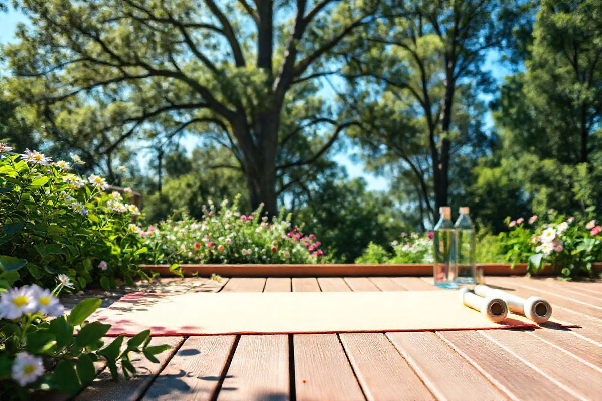 A serene and inviting scene depicting a tranquil outdoor space designed for relaxation and exercise. The foreground features a sunlit wooden deck adorned with a vibrant yoga mat in soft pastel colors, inviting individuals to engage in gentle stretching or yoga. Surrounding the mat, lush green foliage and blooming flowers create a calming atmosphere, emphasizing the connection between nature and wellbeing. In the background, a clear blue sky peeks through the branches of tall, leafy trees, casting dappled sunlight onto the deck. A pair of light dumbbells rests nearby, hinting at strength training, while a water bottle sits within easy reach, promoting hydration. The overall composition conveys a sense of peace, vitality, and the transformative power of exercise in fostering physical and mental health, perfectly aligning with the themes of recovery and resilience highlighted in cancer care. The image captures the essence of a supportive environment where cancer survivors can thrive through movement and connection with nature.