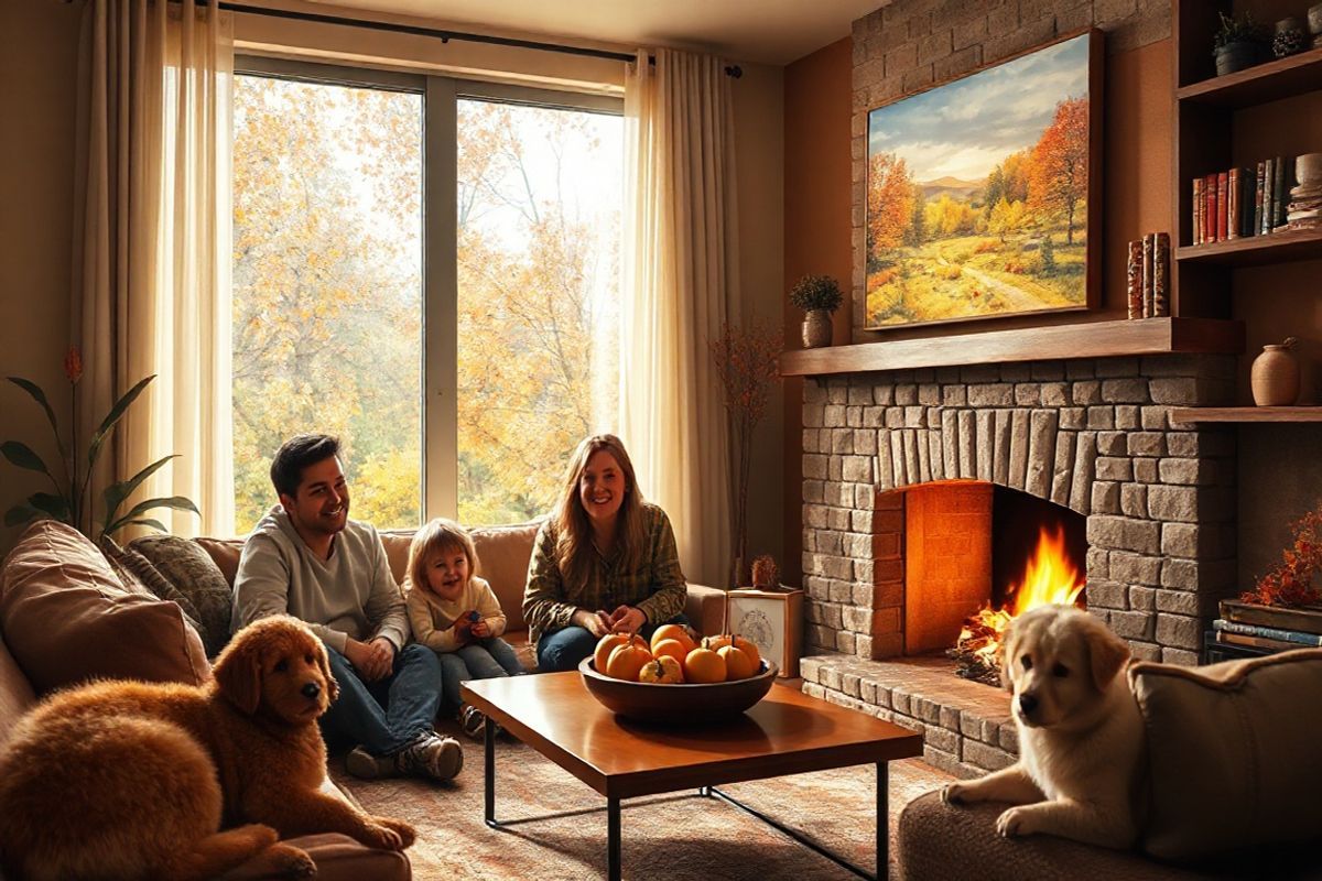 A photorealistic image depicting a cozy, inviting family living room during the fall season. The warm ambiance is enhanced by soft, golden light filtering through a large window adorned with sheer curtains. Outside, colorful autumn leaves can be seen gently falling from the trees, creating a picturesque backdrop. Inside, a family of four is gathered together, smiling and enjoying each other’s company. They are seated around a coffee table, which is adorned with a decorative bowl filled with pumpkins and gourds, symbolizing the season. A fluffy dog lounges by the fireplace, which crackles with a warm fire, casting a gentle glow across the room. On a nearby bookshelf, a few well-worn books and seasonal decorations add personality to the space. The walls are painted in soothing earth tones, and a large, vibrant painting of a tranquil landscape hangs above the fireplace, echoing the theme of warmth and togetherness. This image captures the essence of family, health, and the importance of community, making it a perfect visual accompaniment to the message of flu vaccination and communal well-being.