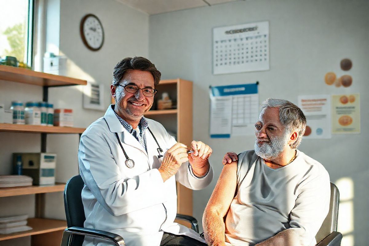 A photorealistic image depicting a serene healthcare setting in a modern clinic during flu season. The focus is on a friendly healthcare professional, dressed in a white lab coat, administering a flu vaccine to a patient sitting comfortably in a well-lit examination room. The patient, a middle-aged adult, appears relaxed and at ease, showcasing a sense of trust in the healthcare provider. In the background, a wall calendar shows the month of October, subtly indicating the start of flu season. Shelves are neatly organized with medical supplies and flu vaccine vials, while a poster on the wall illustrates the importance of vaccination. Natural light streams through a window, casting a warm glow on the scene, enhancing the overall sense of safety and care. The atmosphere conveys a message of community health and proactive measures against the flu, inviting viewers to consider the significance of getting vaccinated to protect themselves and others. The image captures the essence of compassion in healthcare, emphasizing the importance of flu vaccinations in a visually engaging manner.