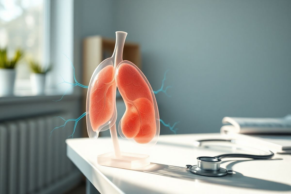 A photorealistic image captures a serene medical environment, featuring a close-up view of a healthy human lymph node highlighted in a translucent anatomical model. The lymph node is depicted as a small, bean-shaped structure, intricately detailed to showcase its texture and color variations, set against a soft-focus background of a clinical examination room. Surrounding the model are subtle depictions of lymphatic vessels, illustrated in a gentle gradient of blues and greens, symbolizing the flow of lymph fluid. Soft, natural lighting filters through a nearby window, casting gentle shadows that enhance the three-dimensional form of the lymph node and surrounding anatomy. On a nearby table, a stethoscope and a few medical charts are visible, emphasizing the clinical context. The overall ambiance is calm and educational, inviting viewers to appreciate the complexity of the lymphatic system and its critical role in the immune response, particularly in relation to conditions like lung cancer. The image is designed to evoke a sense of awareness and understanding, making it an ideal companion to the informative content on swollen lymph nodes and lung cancer.