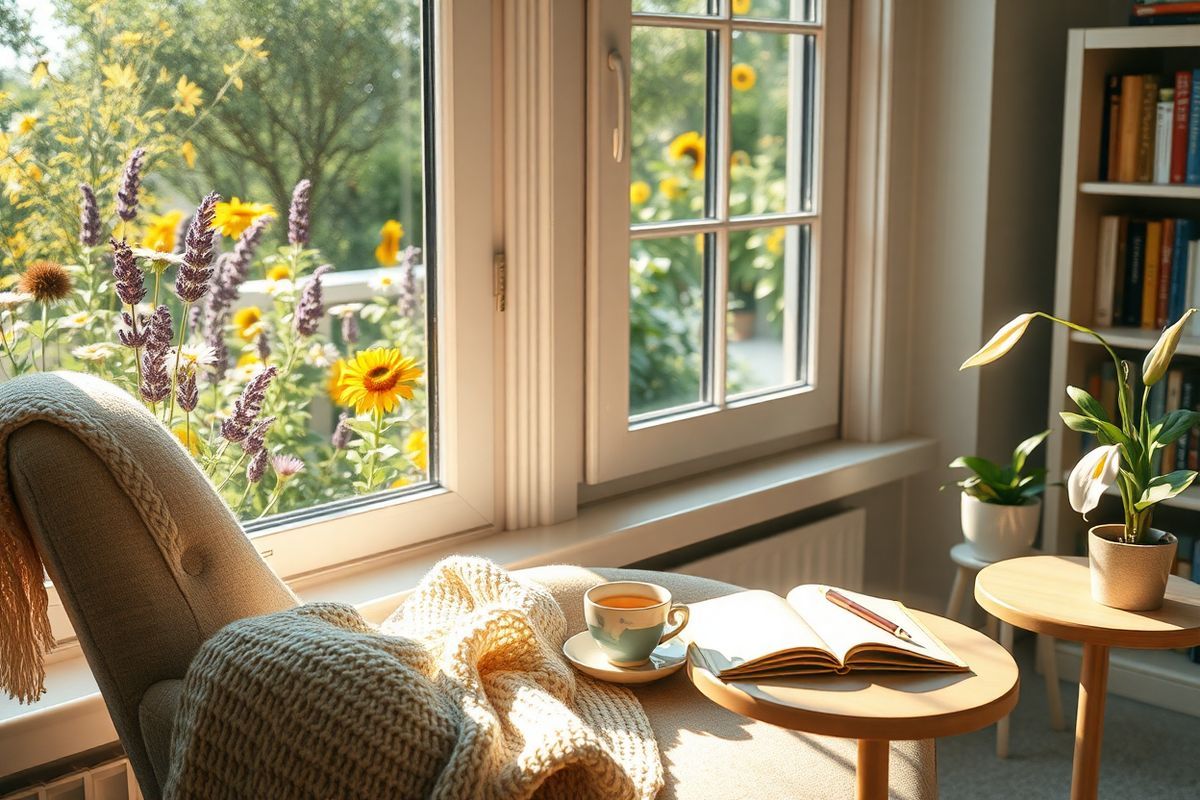 A serene and calming scene unfolds in a softly lit room, featuring a cozy reading nook beside a large window. The window frames a picturesque view of a tranquil garden, filled with vibrant flowers in full bloom, including lavender, daisies, and sunflowers, swaying gently in the breeze. Sunlight streams through the glass, casting warm golden rays onto the plush, inviting armchair adorned with a knitted throw blanket. A small side table holds a steaming cup of herbal tea, alongside an open notebook and a pen, suggesting a moment of reflection and mindfulness. In the background, a bookshelf filled with an array of colorful books adds character to the space, while a potted plant, perhaps a peace lily, thrives on a nearby shelf, symbolizing growth and serenity. The overall atmosphere is tranquil and inviting, evoking a sense of peace and balance, perfect for individuals seeking solace and stability amidst the complexities of managing bipolar disorder and migraines. The soft color palette of greens, purples, and yellows enhances the feeling of calmness and harmony within the room.