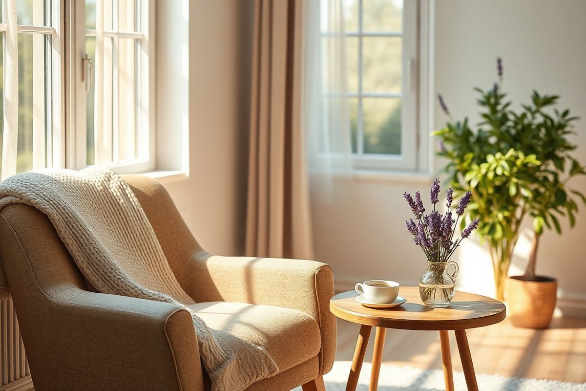 A serene, photorealistic image of a cozy, softly lit room that embodies tranquility and comfort. In the foreground, a plush, inviting armchair is adorned with a knitted blanket, positioned beside a wooden side table. On the table, a steaming cup of herbal tea rests next to a small vase filled with fresh lavender, exuding a calming aroma. The walls are painted in soothing pastel tones, while large windows allow gentle sunlight to filter through sheer curtains, casting warm, golden hues across the space. In the background, a lush indoor plant flourishes, adding a touch of nature and vibrancy to the room. The atmosphere is serene, evoking a sense of peace and relaxation, perfect for individuals seeking solace from the emotional challenges of bipolar disorder and the discomfort of migraines. The overall composition captures a harmonious blend of comfort and tranquility, inviting viewers to imagine themselves unwinding in this peaceful sanctuary.