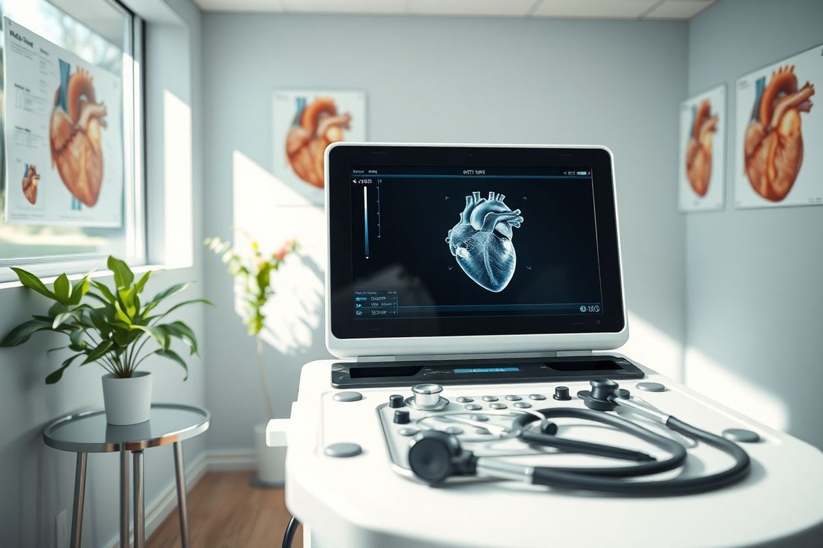 A photorealistic image depicts a serene and well-lit medical examination room, featuring a state-of-the-art echocardiography machine prominently positioned in the foreground. The machine displays a clear monitor showing an echocardiogram of a human heart, illustrating the mitral valve in action. Surrounding the machine, there are various medical tools neatly organized on a stainless steel tray, including a stethoscope and a cardiac catheterization kit, conveying a sense of readiness for patient evaluation. In the background, a large window allows natural light to stream in, illuminating the room and creating a calming atmosphere. Fresh plants are placed on a small side table, adding a touch of warmth and vitality to the clinical setting. The walls are adorned with detailed anatomical charts of the heart, emphasizing the focus on cardiovascular health. The overall composition conveys a sense of professionalism, care, and advanced medical technology, reflecting the importance of accurate diagnosis and treatment of mitral valve regurgitation.